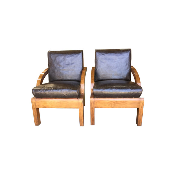Pair of French 1940's Leather Arm Chairs With Matching Stools 33575