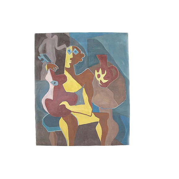 Huge French Mid Century Cubist Painting 19881
