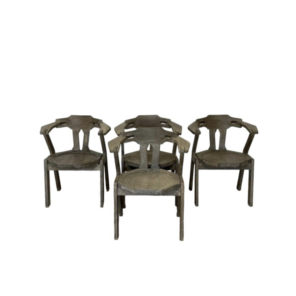 Set of (4) Belgian Mid Century Oak Dining Arm Chairs 74619