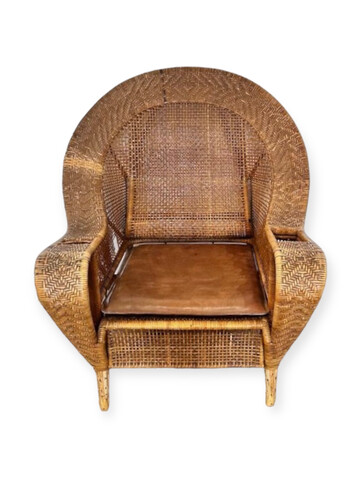 French Rattan Arm Chair with Leather Seat Cushion 68233