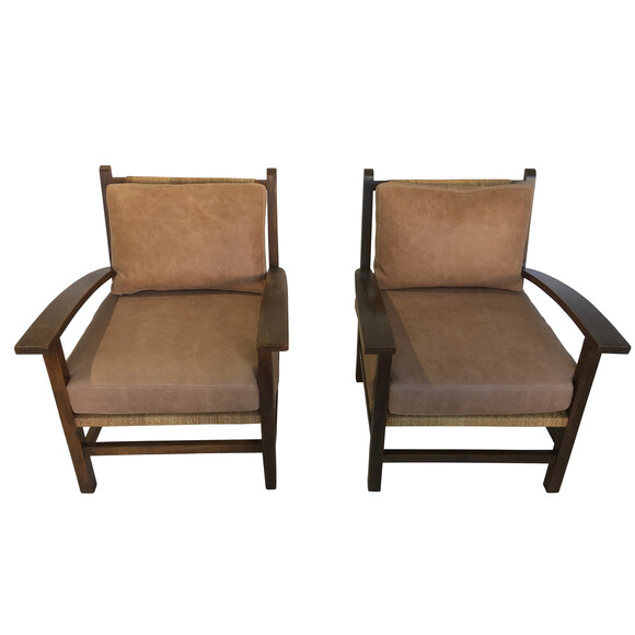 French Rush and Oak Armchairs with leather cushions 20933