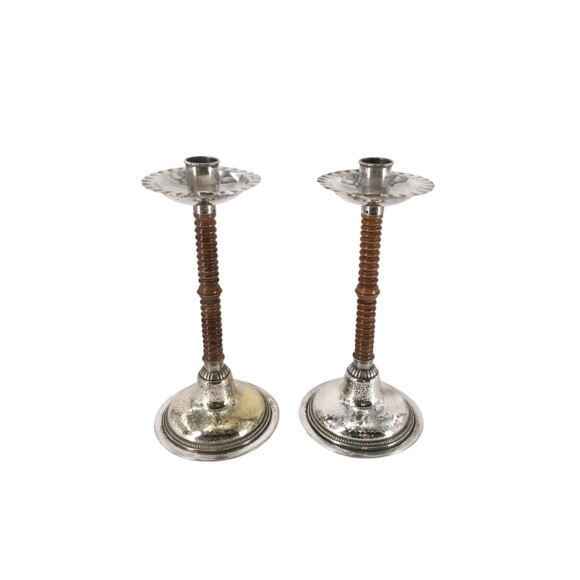 Fine Pair of Arts & Crafts Wooden and Silver Candle Holders 55123