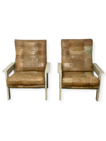 Pair of Limited Edition Oak and Vintage Leather Arm Chairs 66310