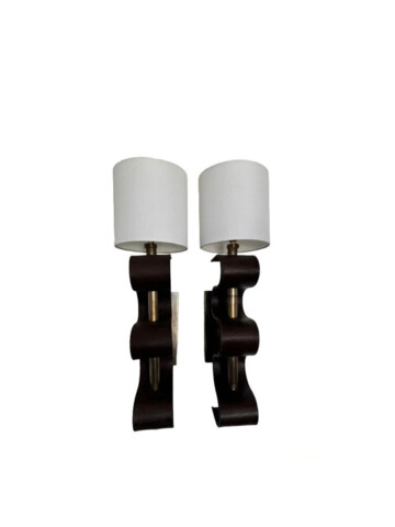 Pair of Lucca Studio Currier Sconces in Bronze and Leather 74876