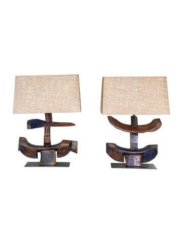 Pair of 18th Century Wood Element Lamps with Custom Burlap Shades 64526