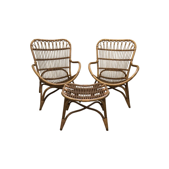 French Rattan Chair and Stool Set 33593