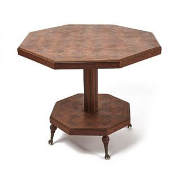 Octagonal Table With Wood Inlay On Brass and Glass Claw Feet 68811