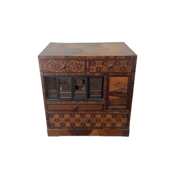 Fine Japanese Tansu with various wood inlays. 72863