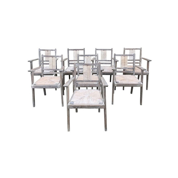 Set of (8) Cerused Oak and Rush Seat Dining Arm Chairs 30376