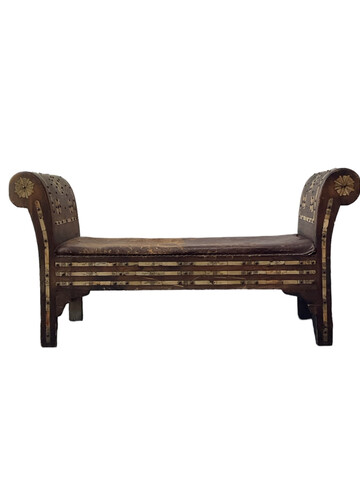 19th Century Syrian Bench with Leather Seat 67851