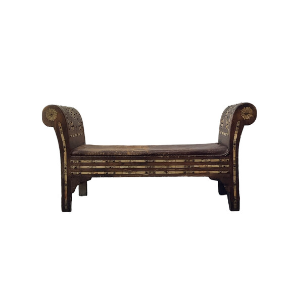19th Century Syrian Bench with Leather Seat 63038