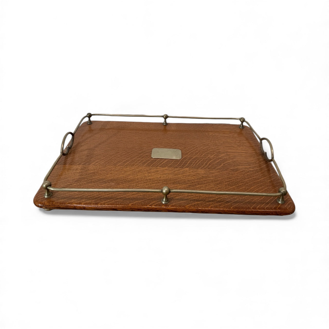 Antique English Quarter Sewn Oak and Silver Plate Serving Tray