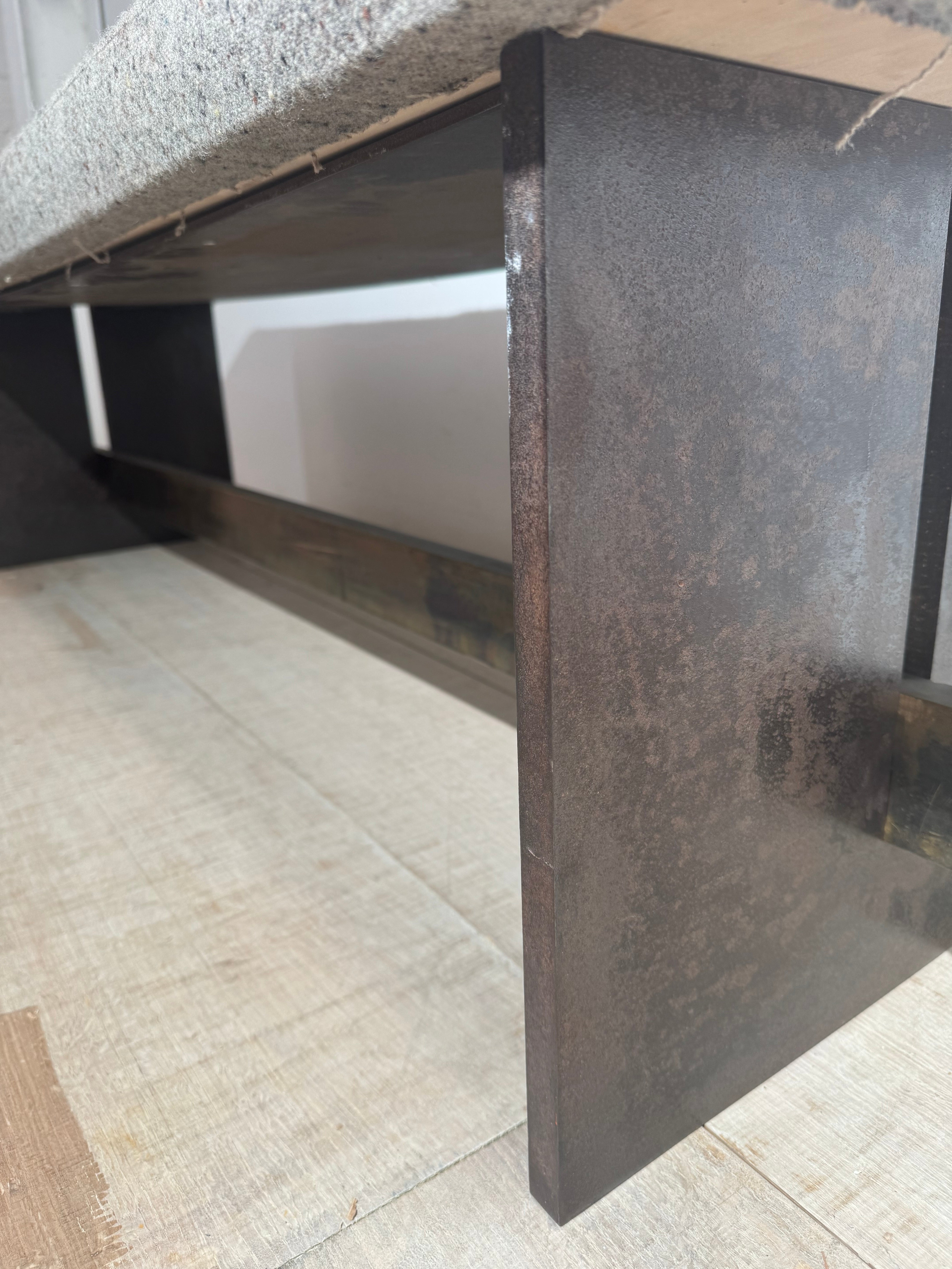 Massive One of Kind Steel, Bronze and Upholstered Bench