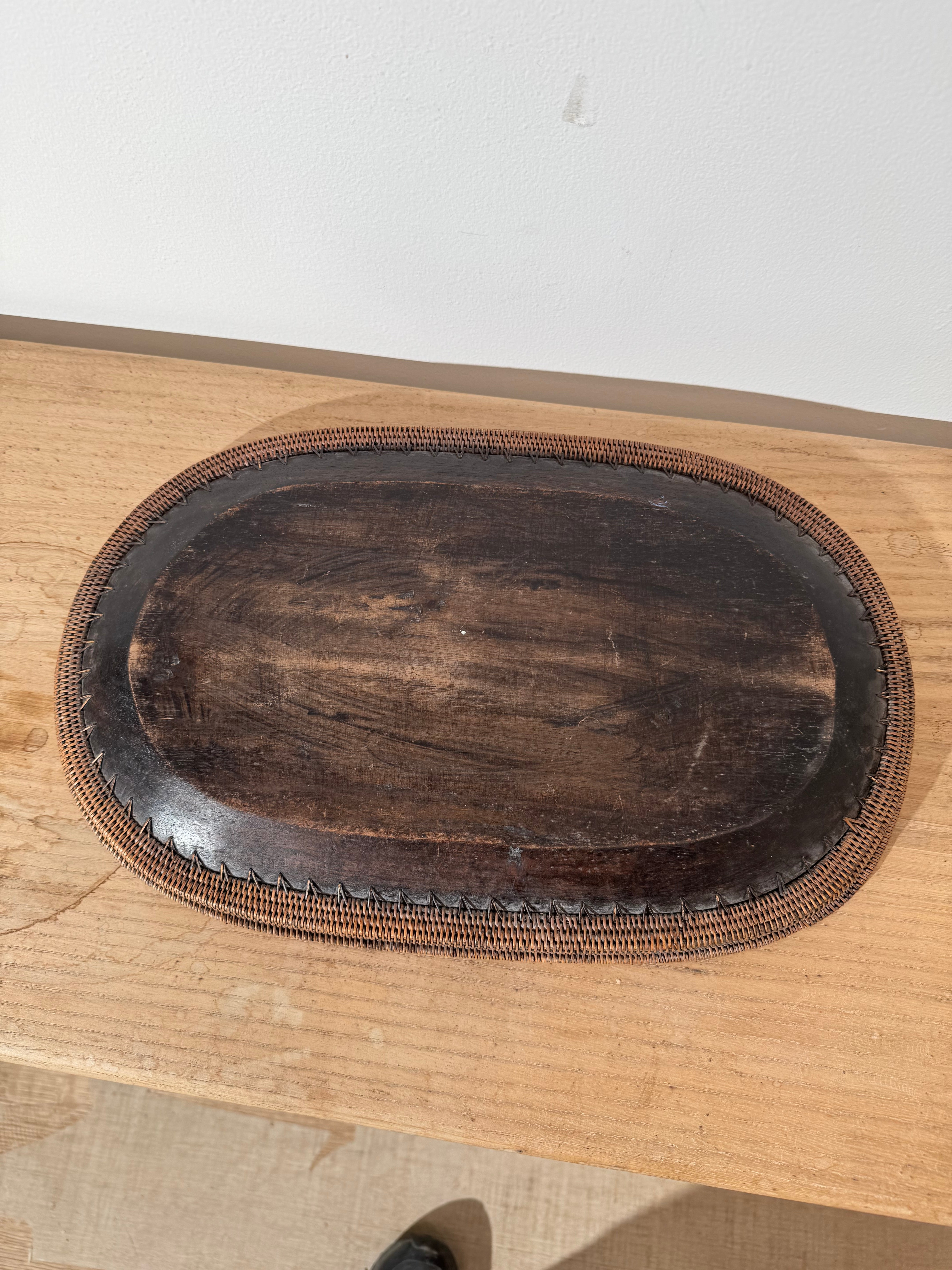 Unique Vintage Japanese Wood & Woven Tray