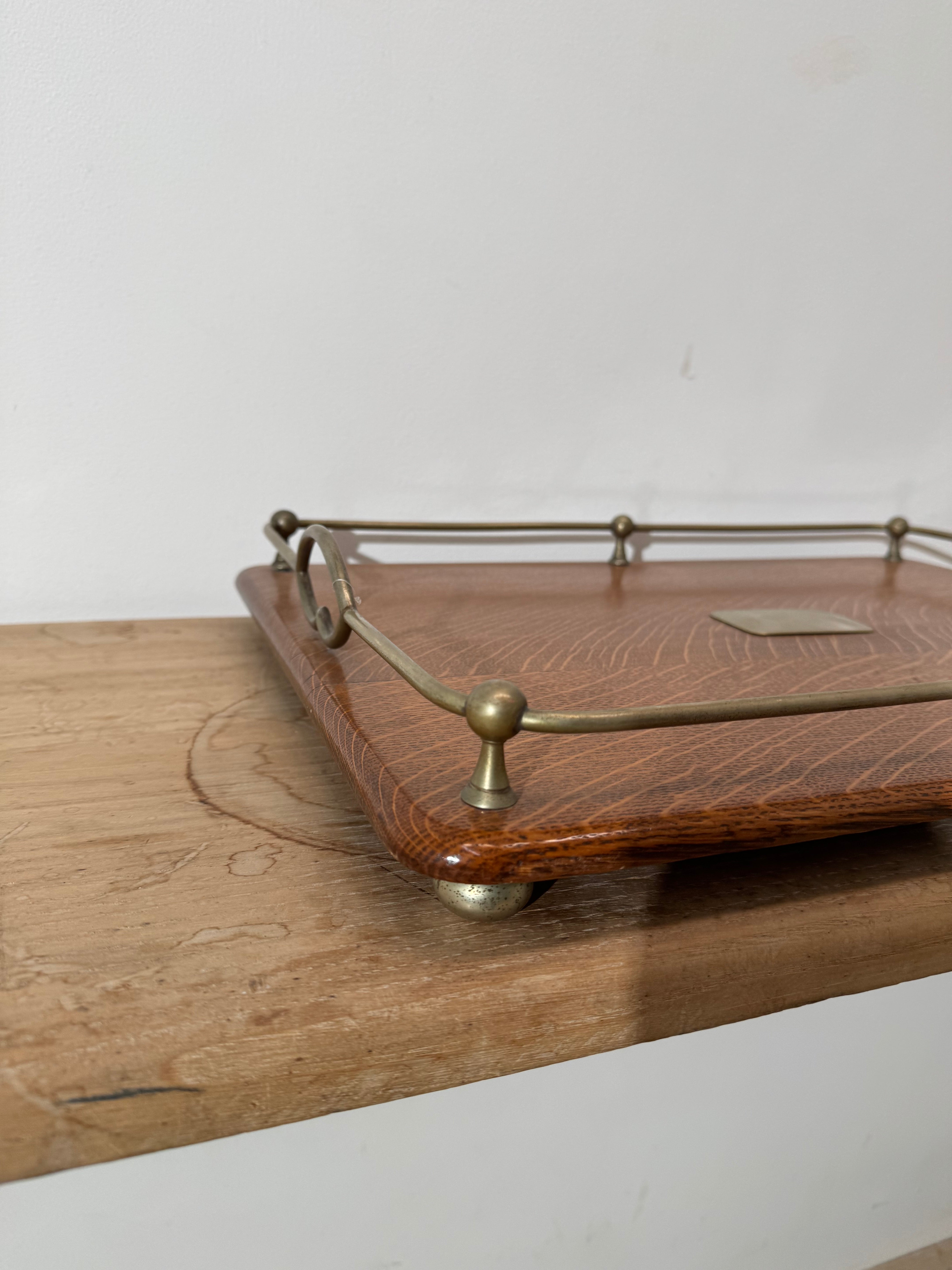 Antique English Quarter Sewn Oak and Silver Plate Serving Tray