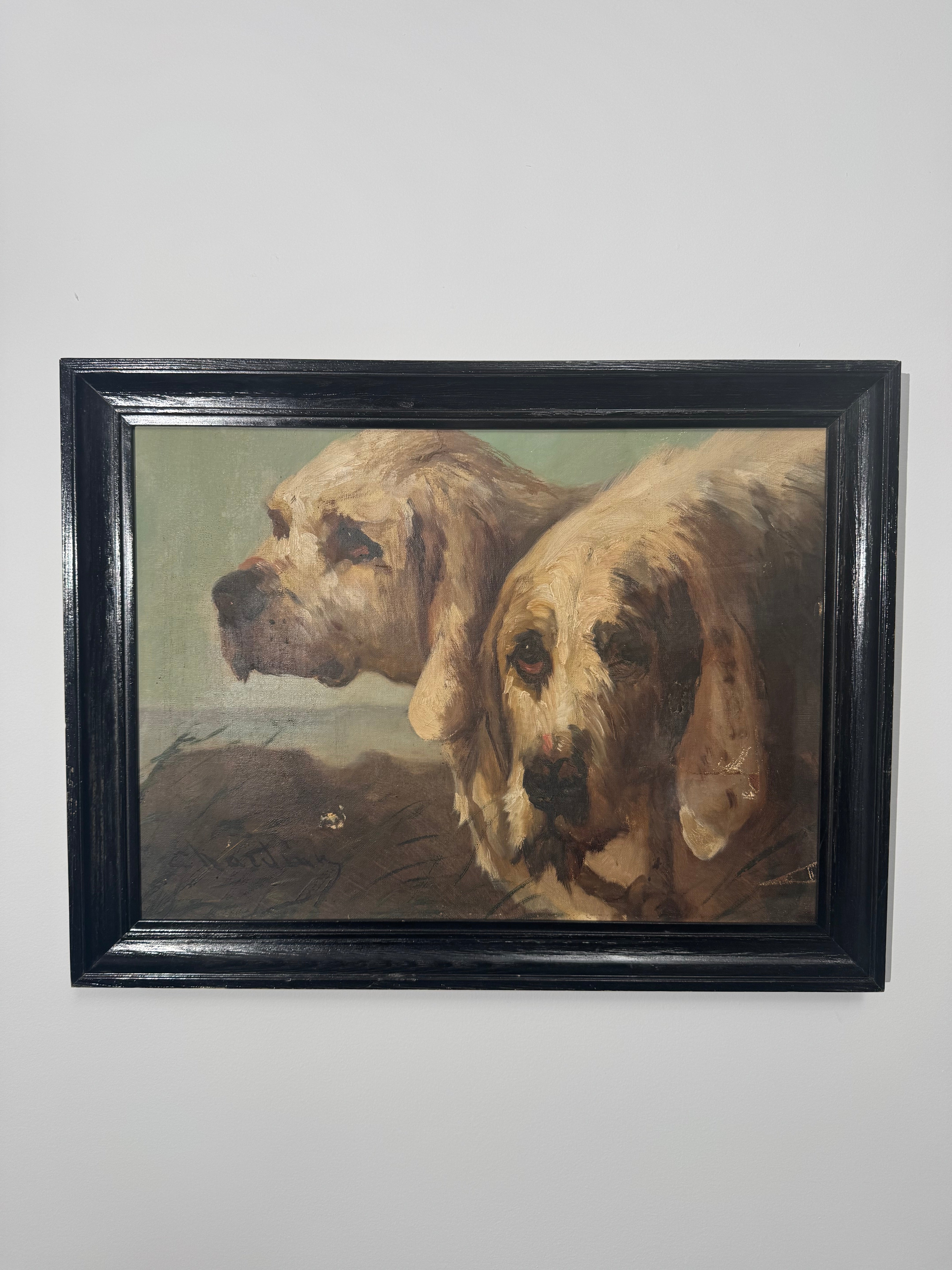 English Signed Oil Painting of Two Dogs