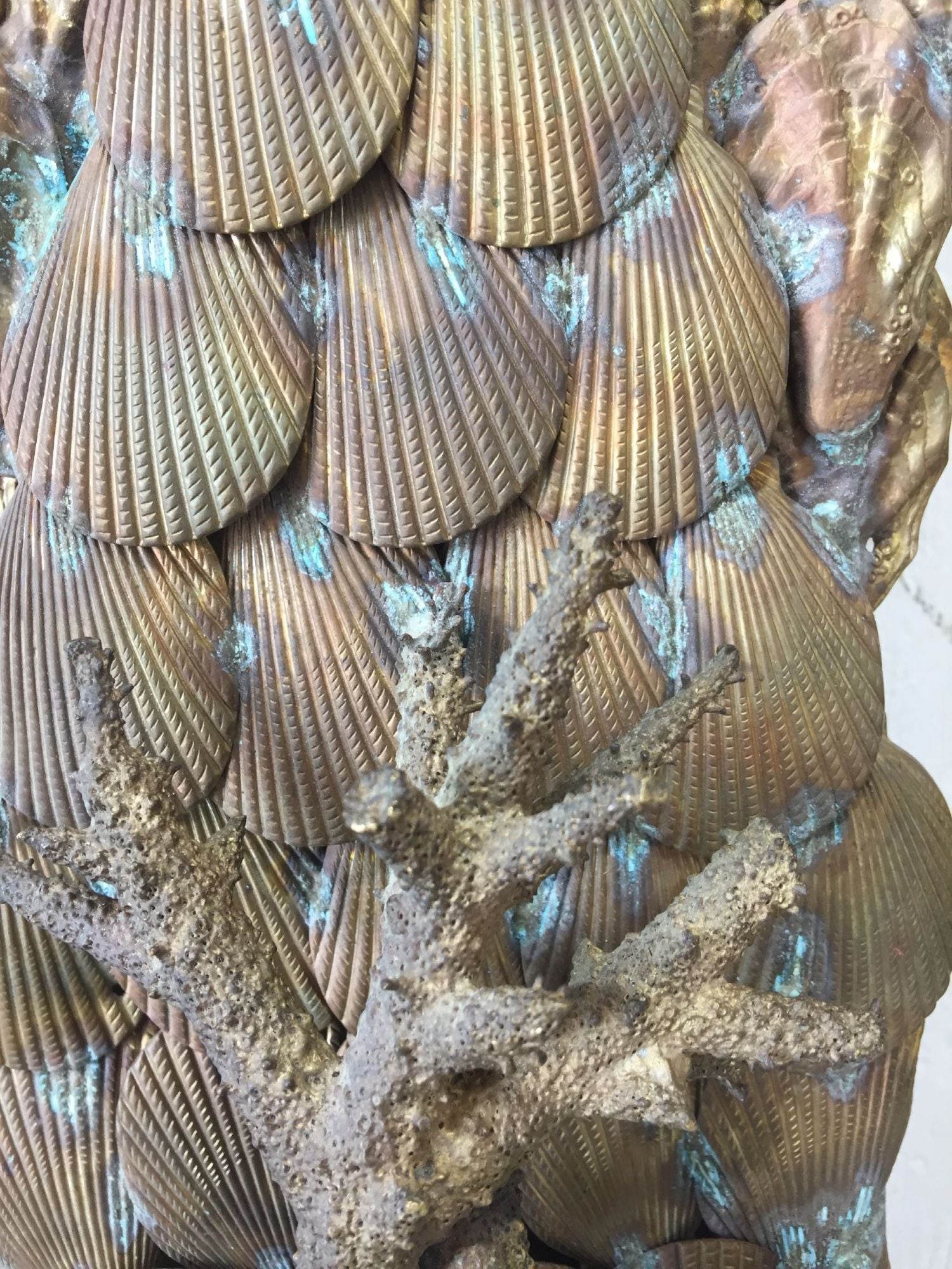 Large Scale Fantastical French Brass Shell Encrusted Sconces