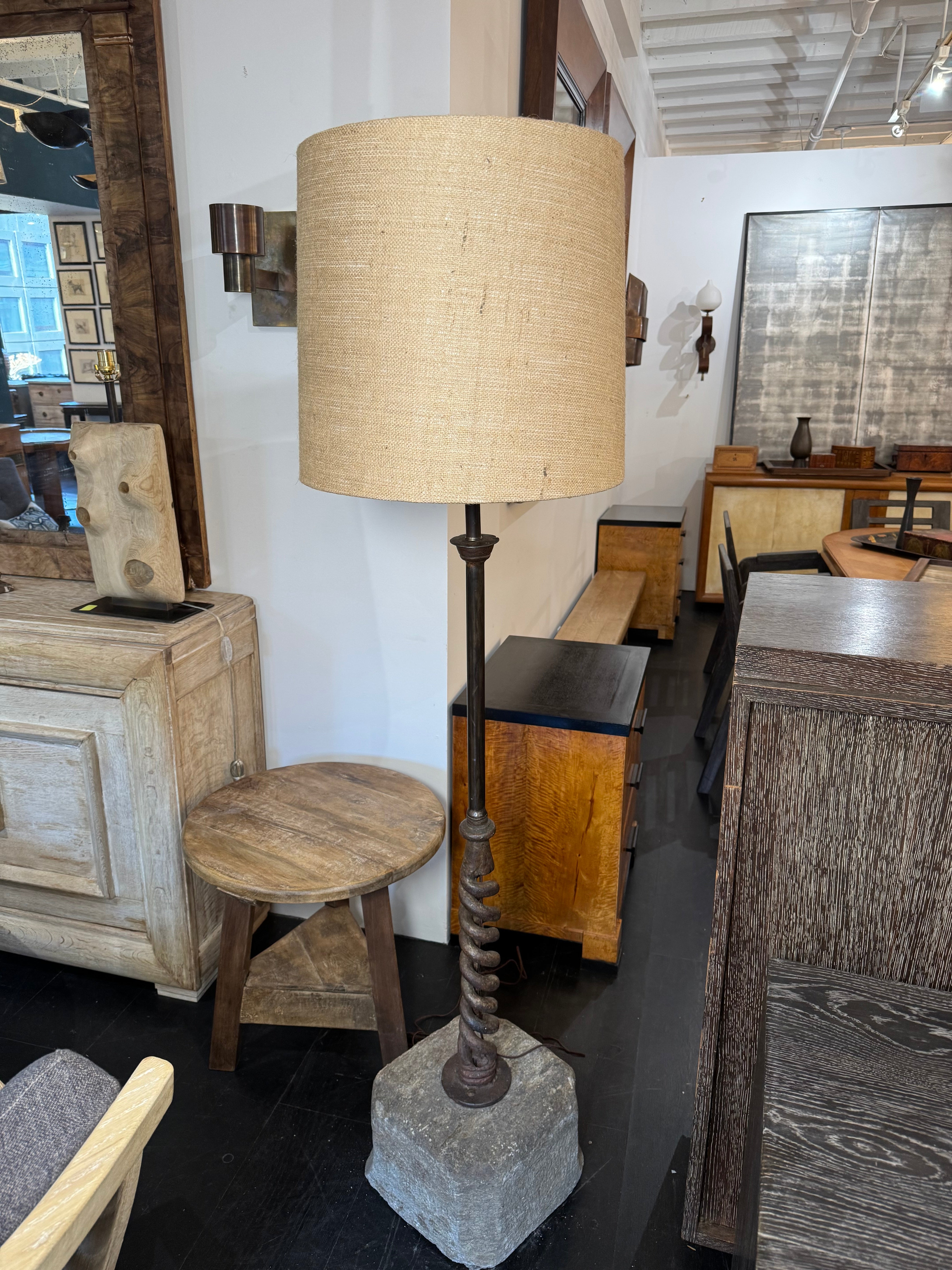 Massive 17c Wrought Iron & Stone Floor Lamp