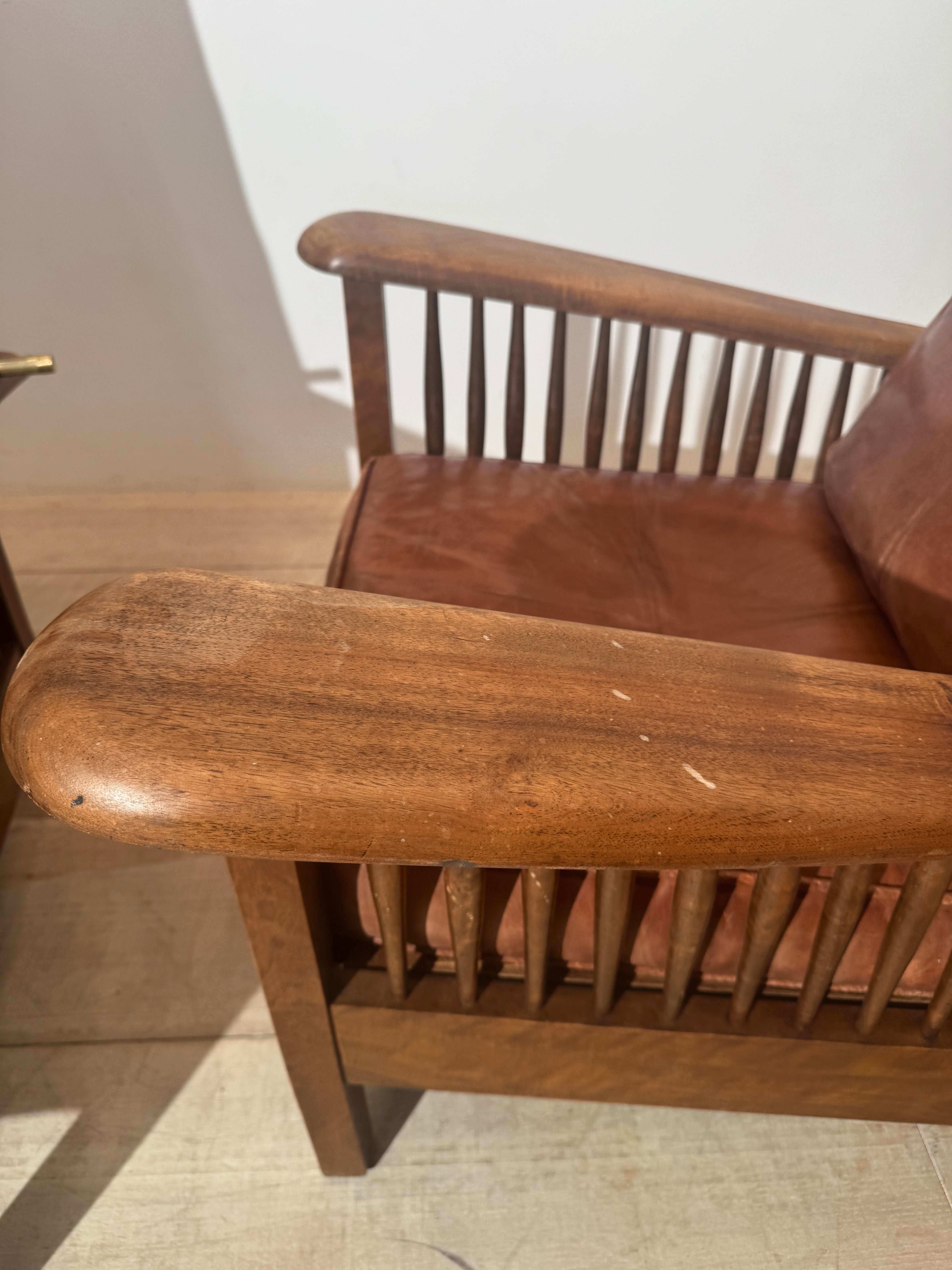Pair of Vintage Walnut Chairs with original leather cushions