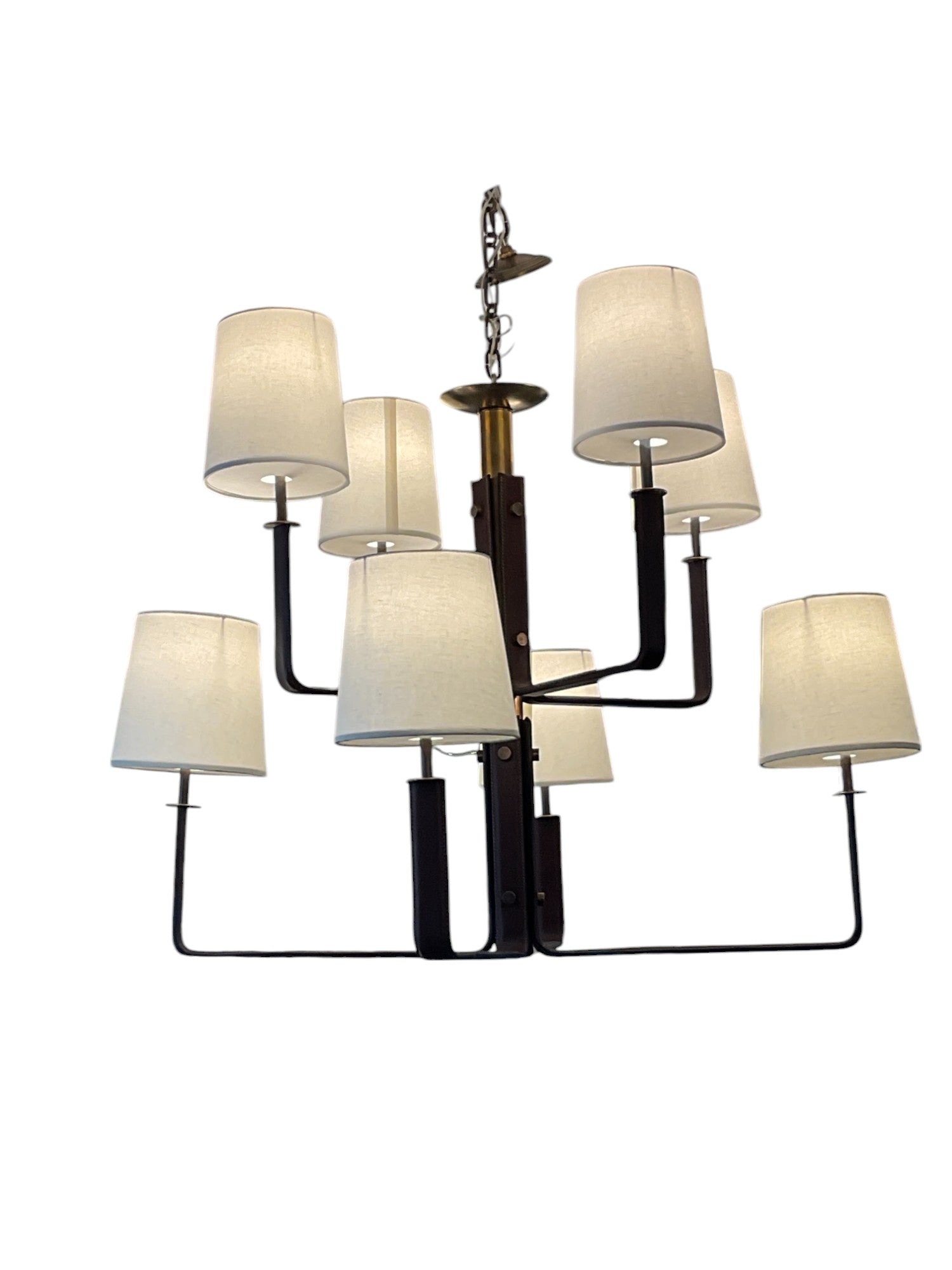 Lucca Studio Serge of Bronze and Leather Chandelier With Linen Shades