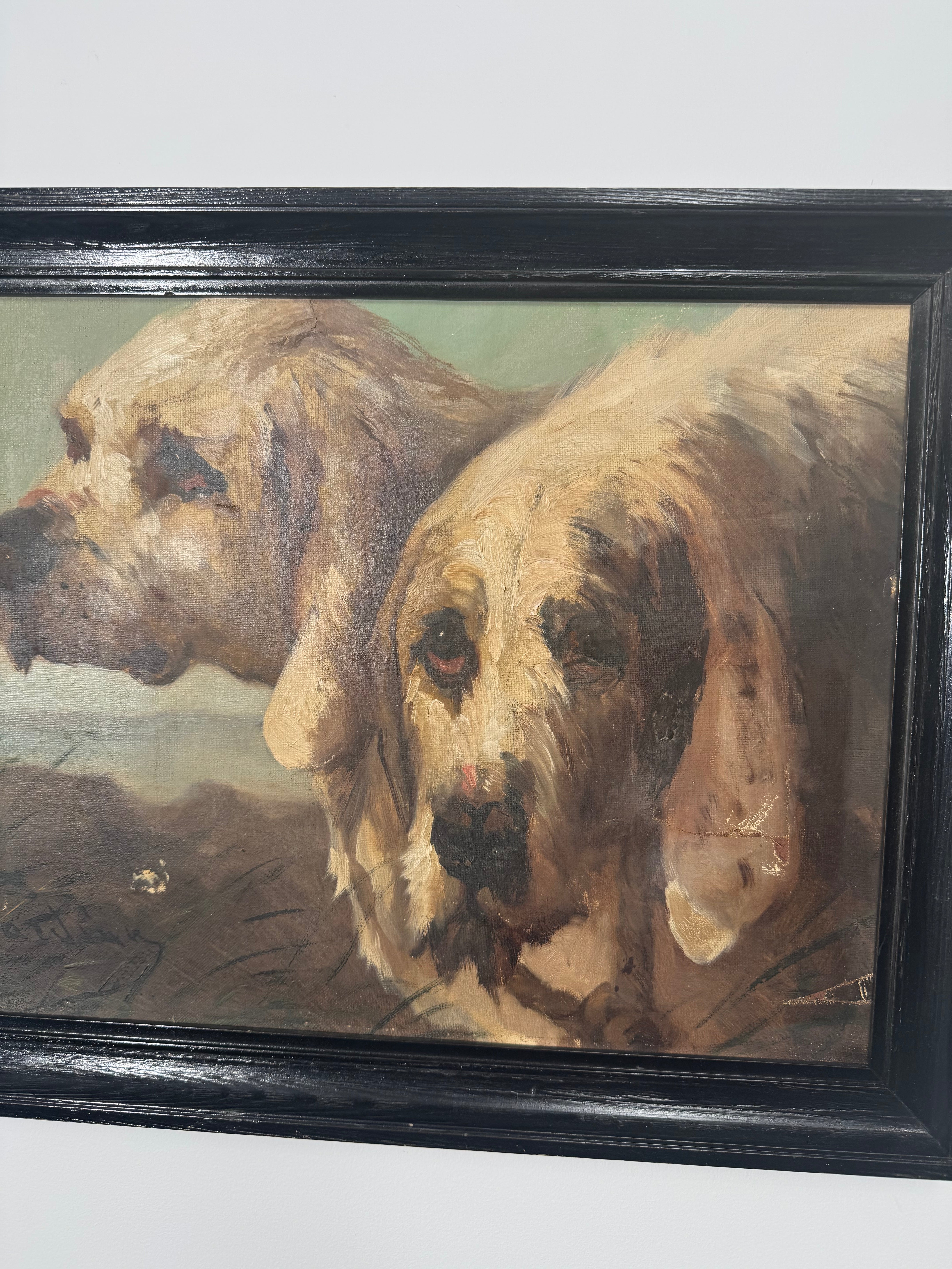 English Signed Oil Painting of Two Dogs