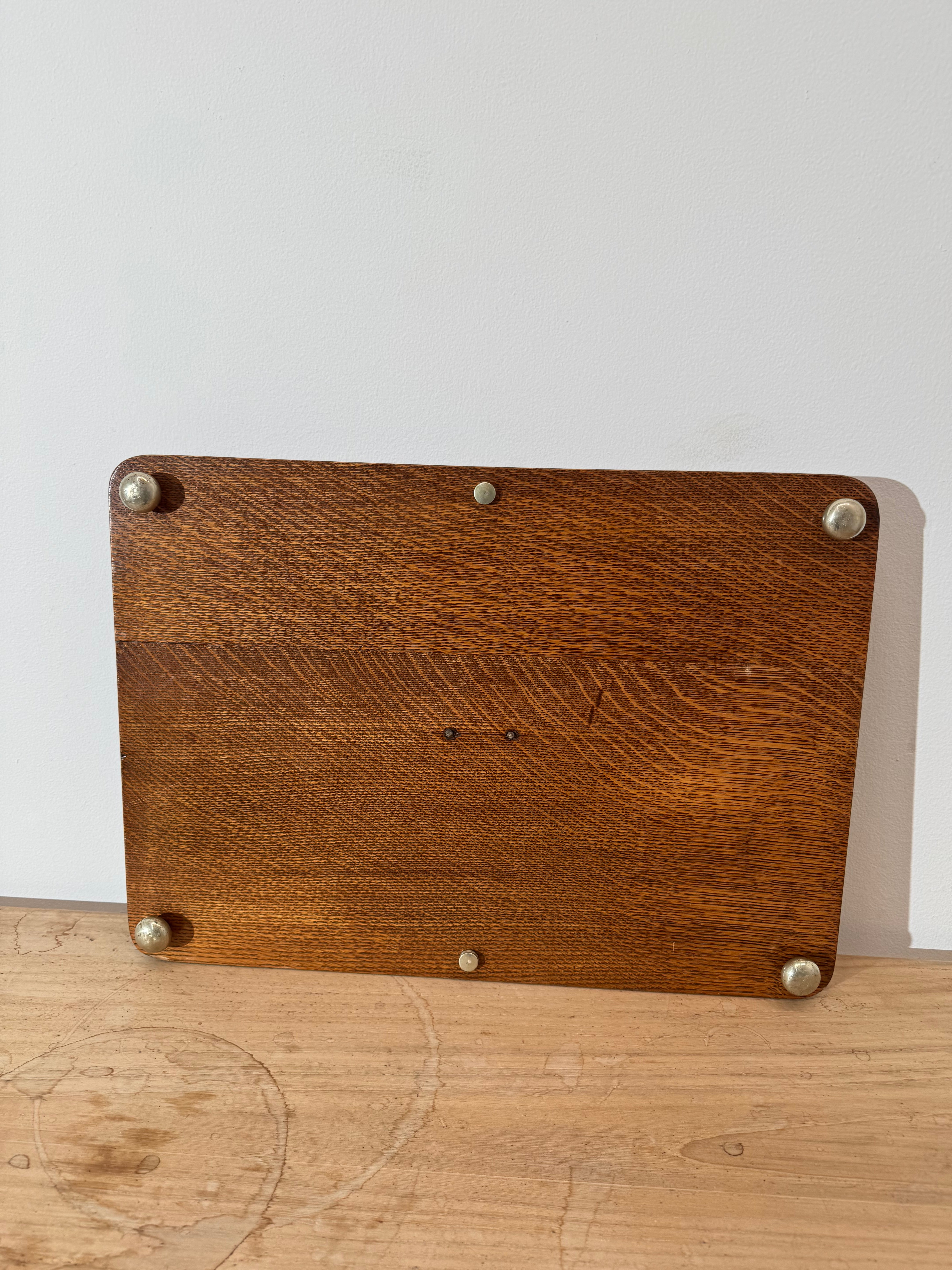 Antique English Quarter Sewn Oak and Silver Plate Serving Tray