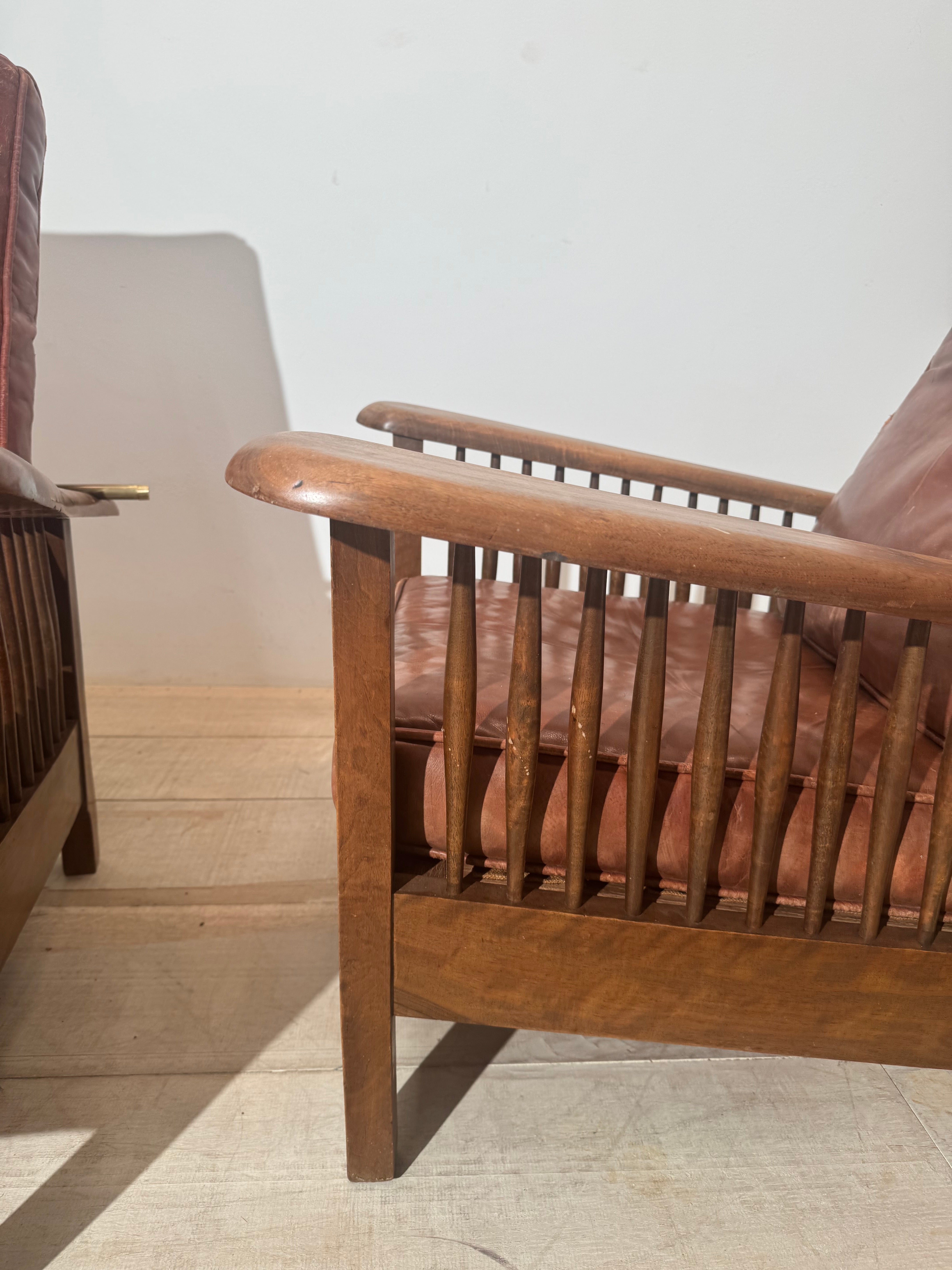 Pair of Vintage Walnut Chairs with original leather cushions