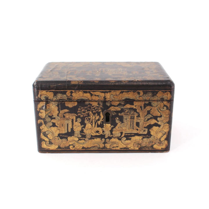 English Chinoiserie Black Lacquer & Gilt Decorated Box