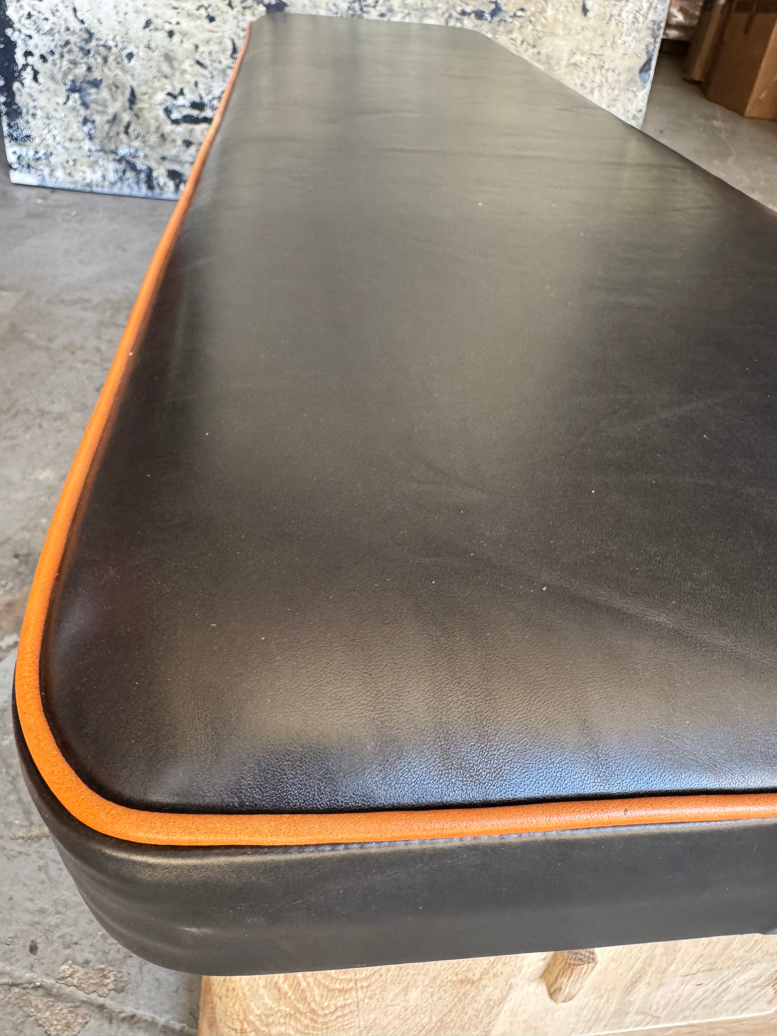 Limited Edition Solid Oak, Bronze and Stitched Leather Top Bench