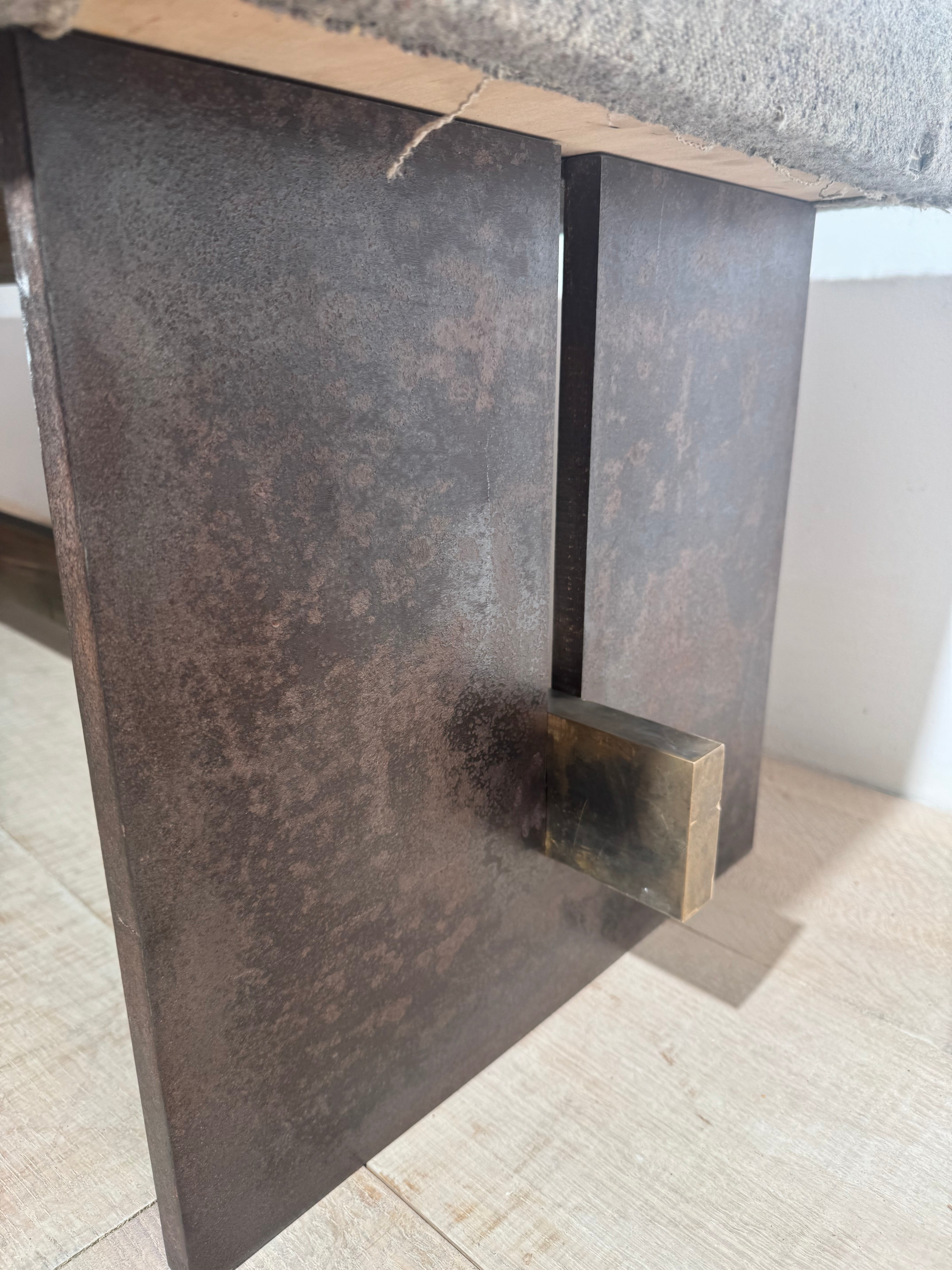 Massive One of Kind Steel, Bronze and Upholstered Bench
