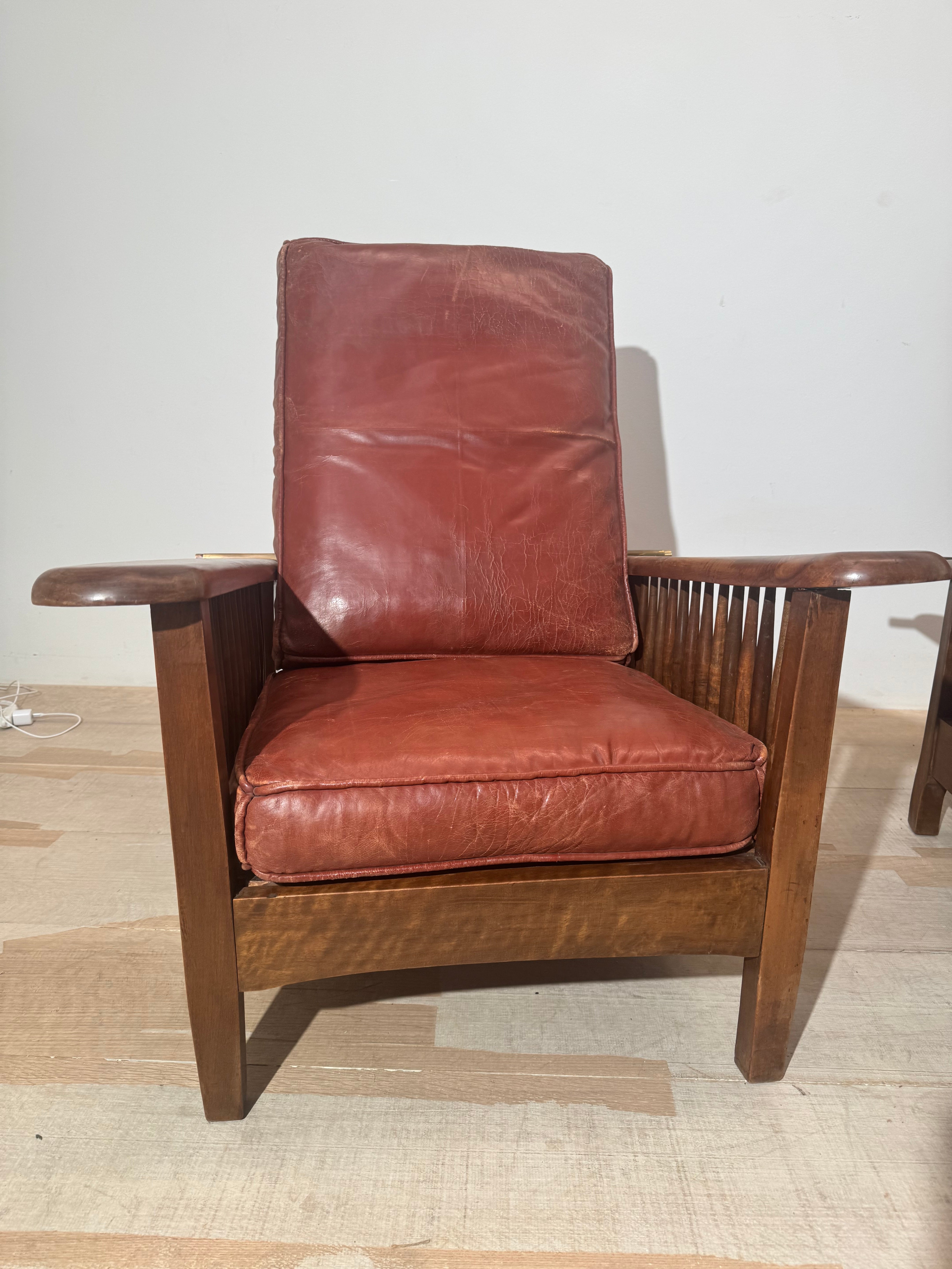 Pair of Vintage Walnut Chairs with original leather cushions