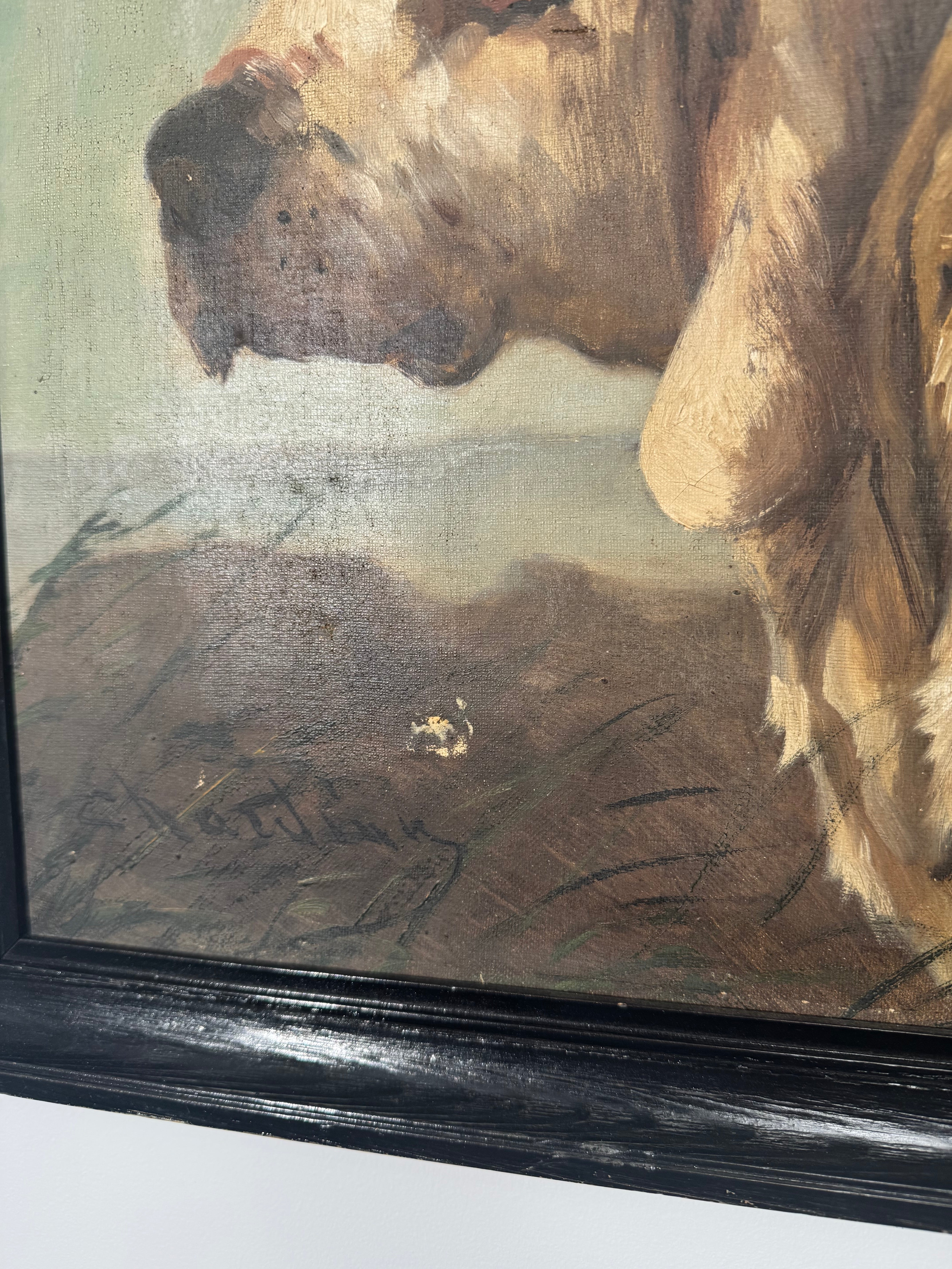 English Signed Oil Painting of Two Dogs