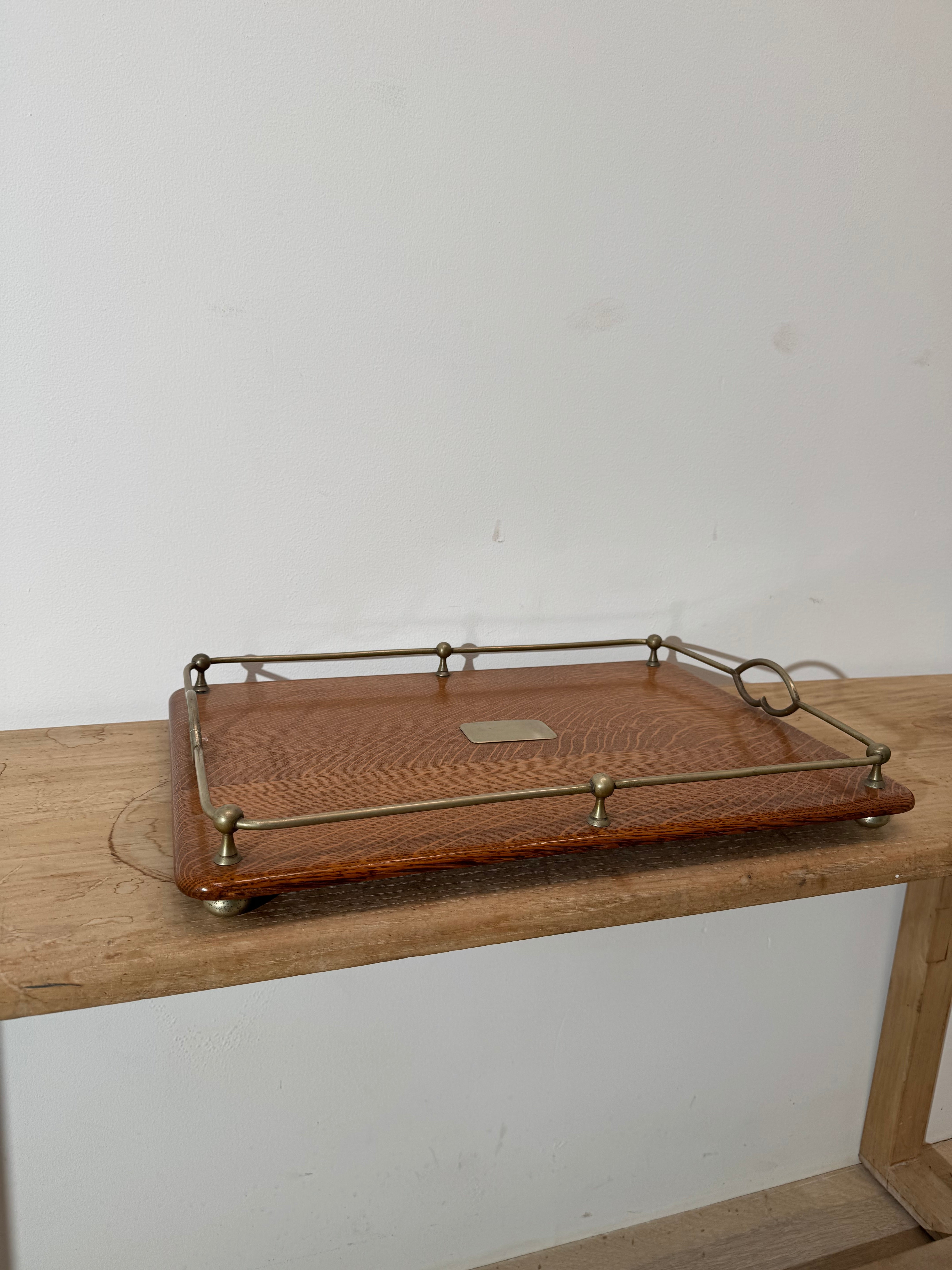 Antique English Quarter Sewn Oak and Silver Plate Serving Tray