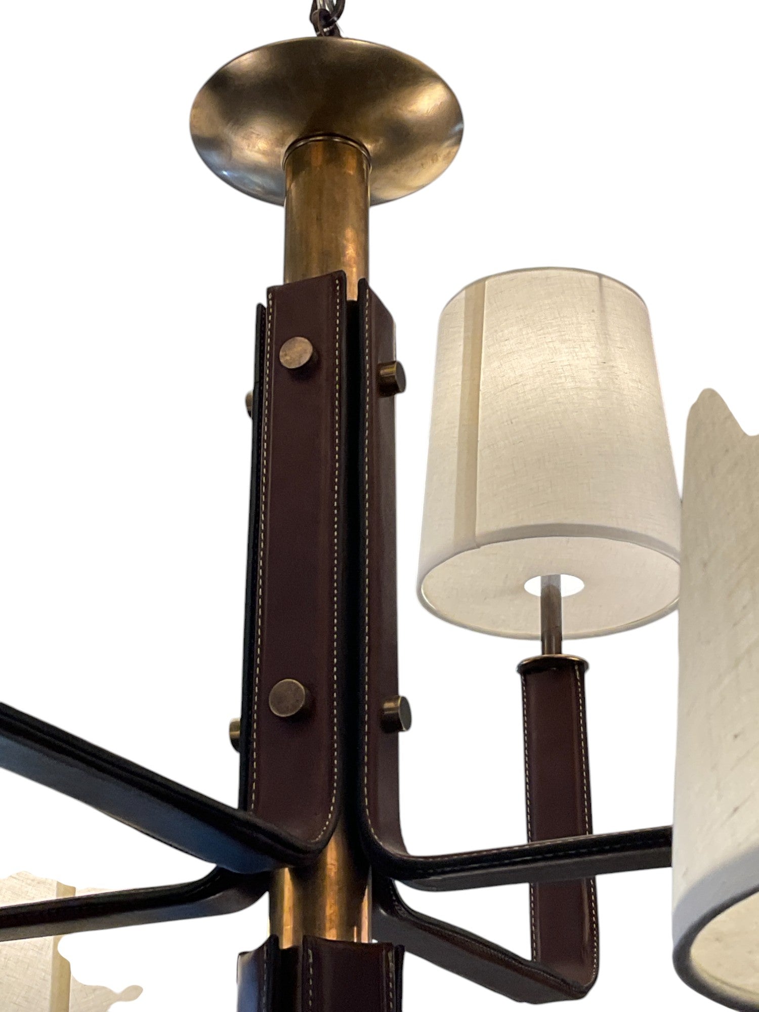 Lucca Studio Serge of Bronze and Leather Chandelier With Linen Shades