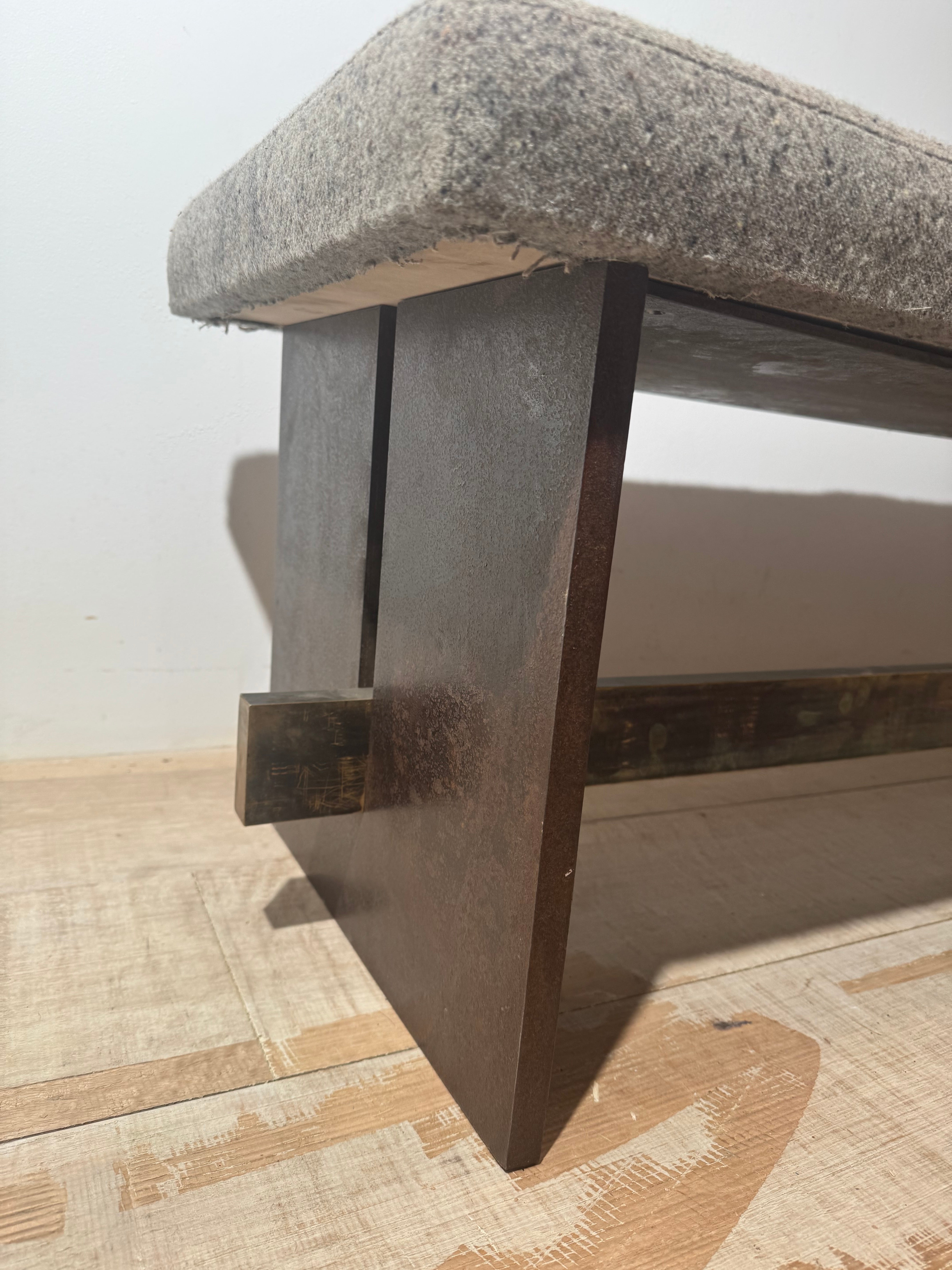 Massive One of Kind Steel, Bronze and Upholstered Bench