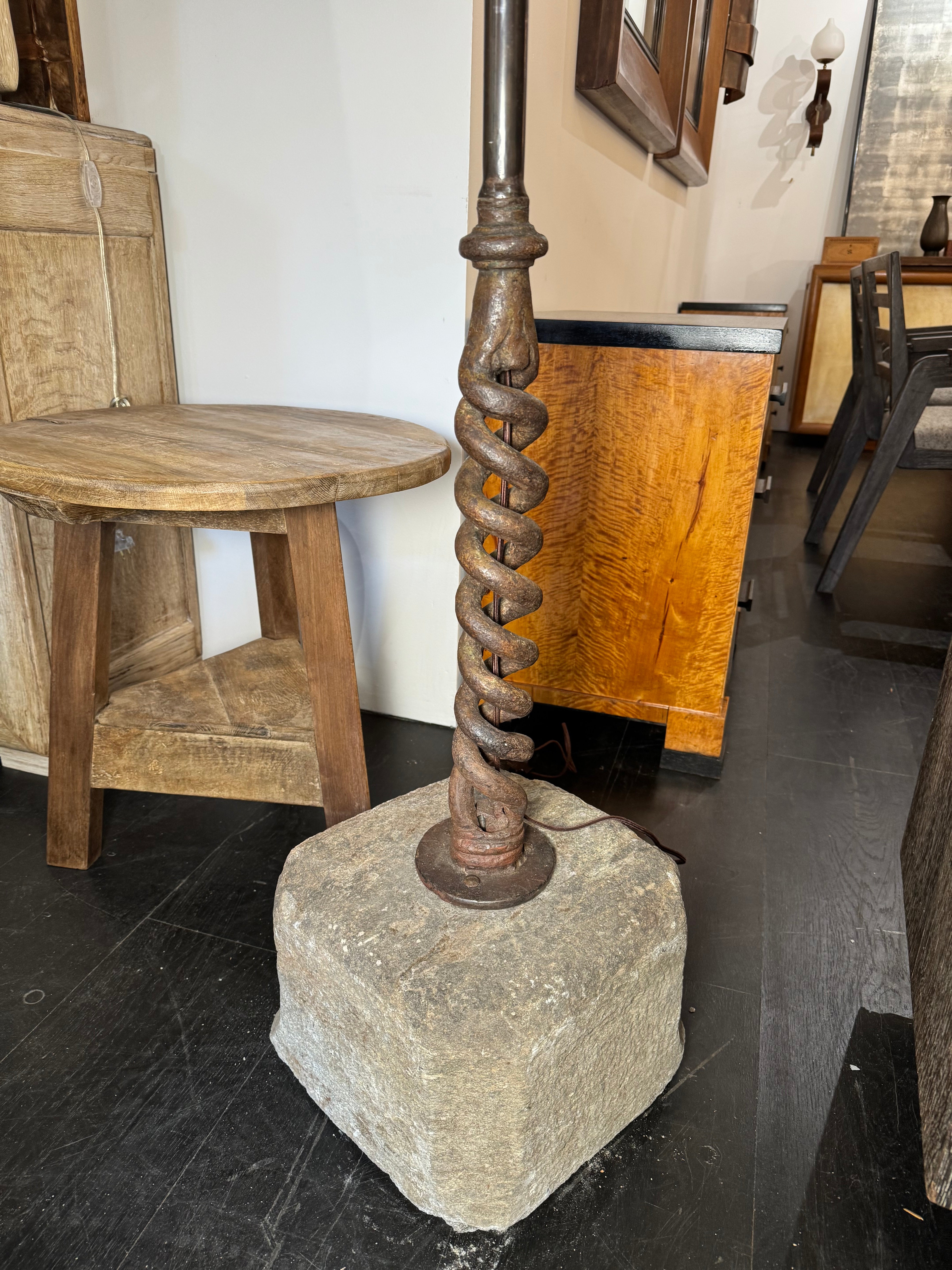 Massive 17c Wrought Iron & Stone Floor Lamp