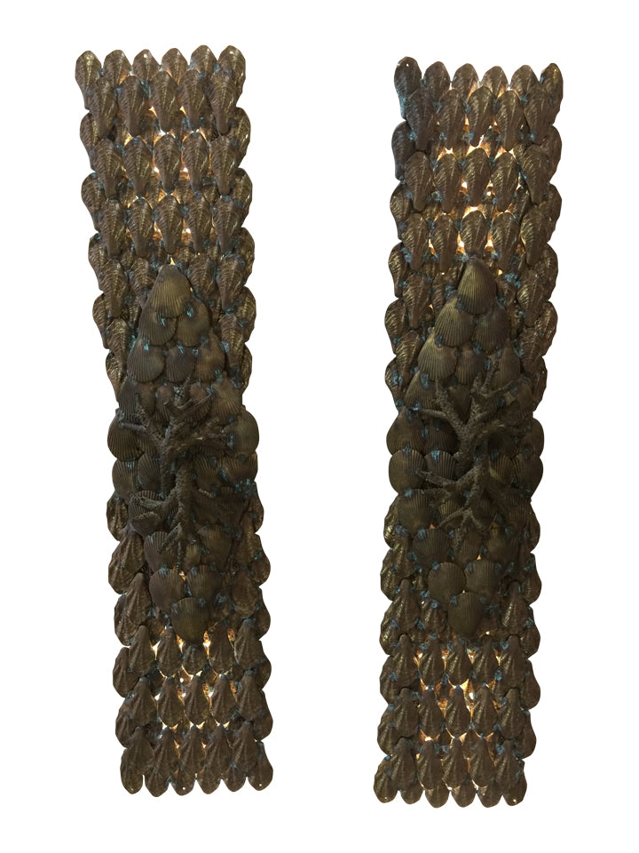 Large Scale Fantastical French Brass Shell Encrusted Sconces