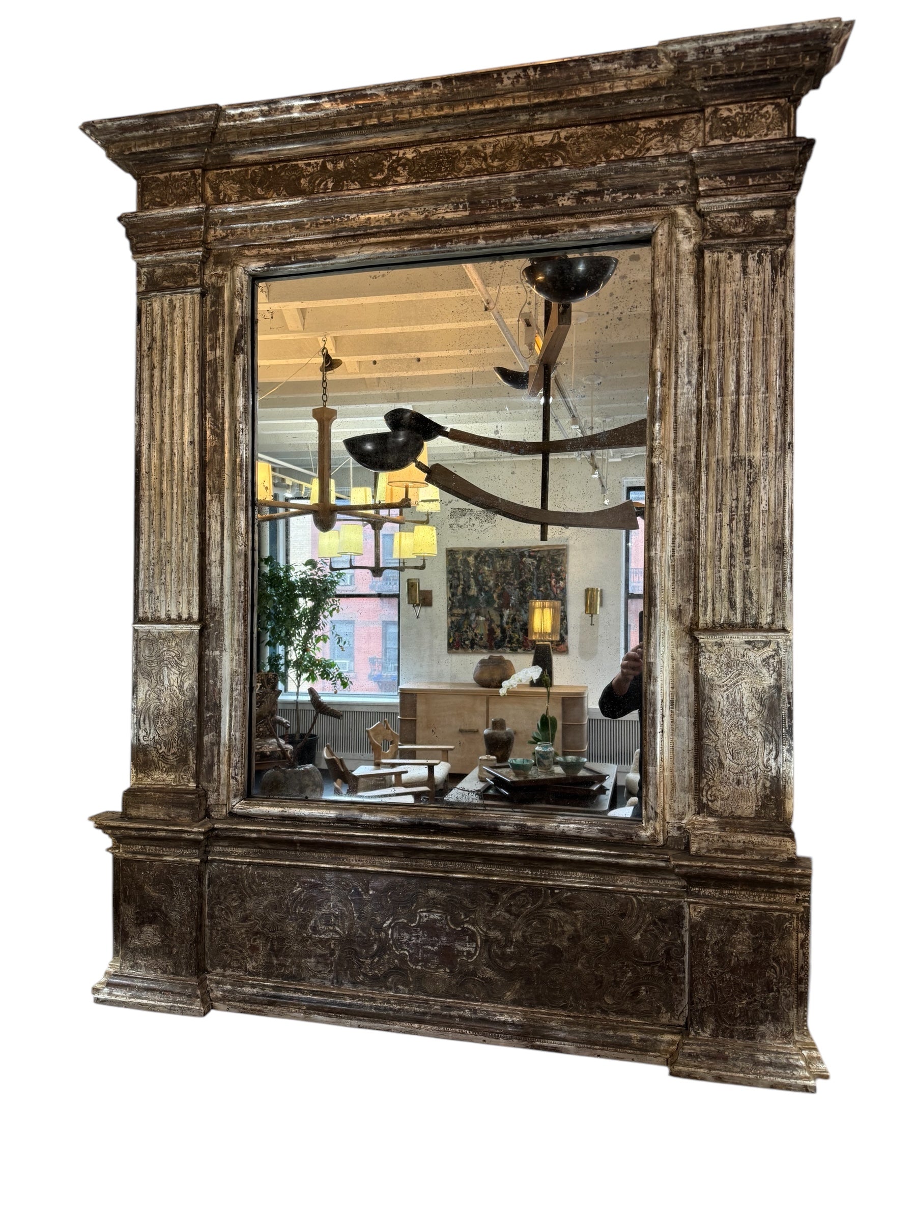 Large 19th Neoclassic Silver Leaf Wood Mirror