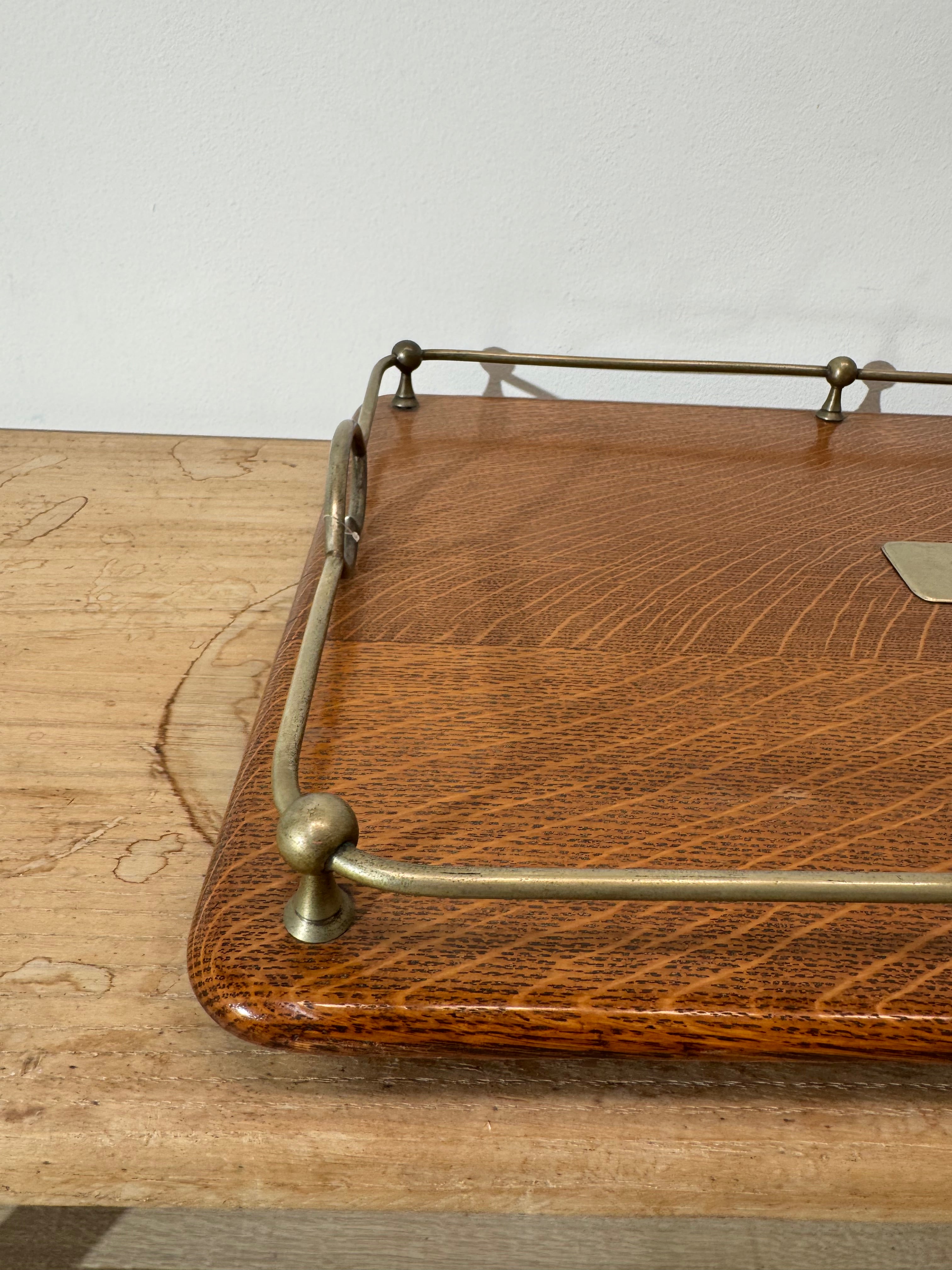 Antique English Quarter Sewn Oak and Silver Plate Serving Tray
