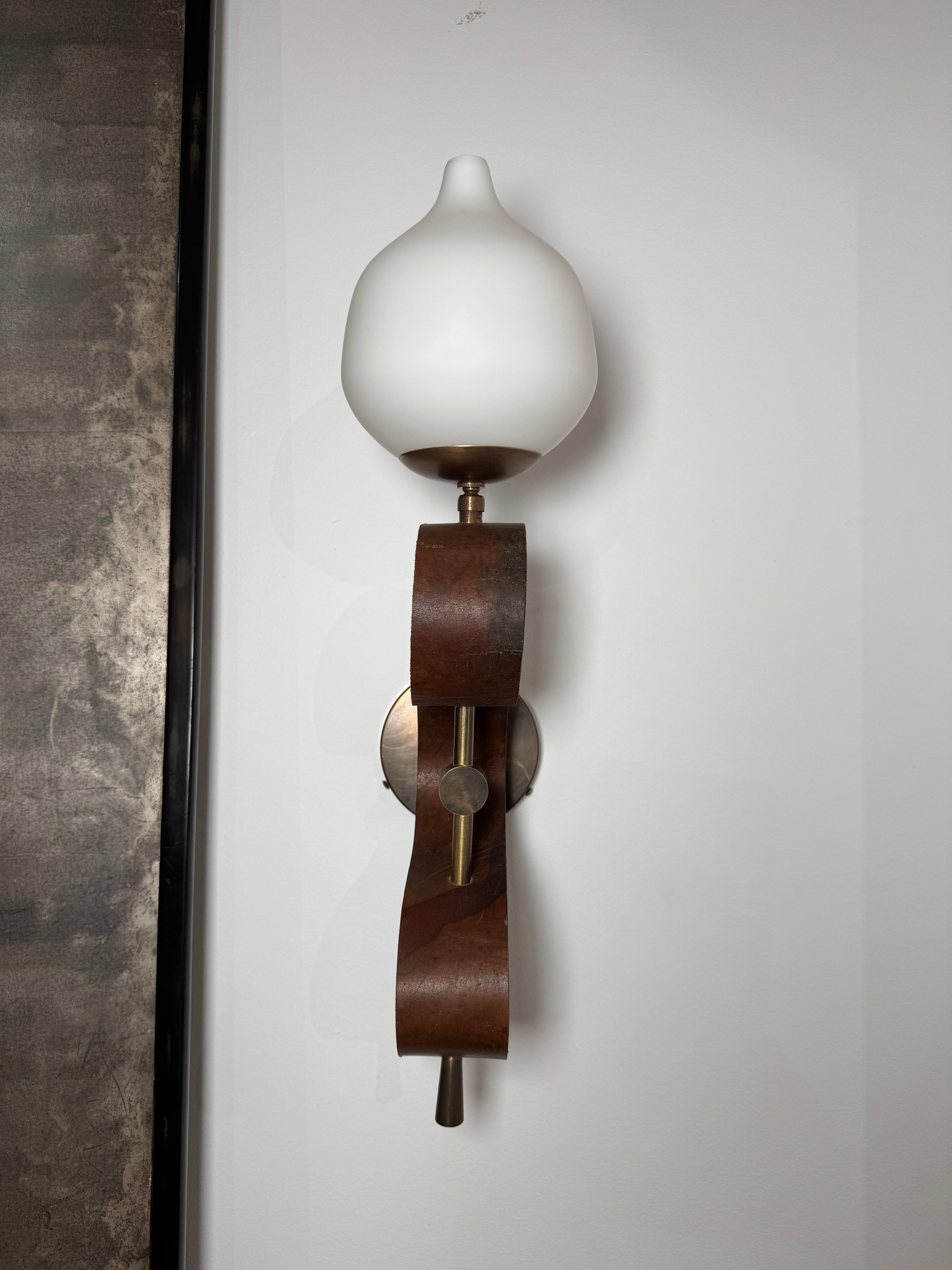 Pair Lucca Studio Limited Edition Leather & Glass Sconces