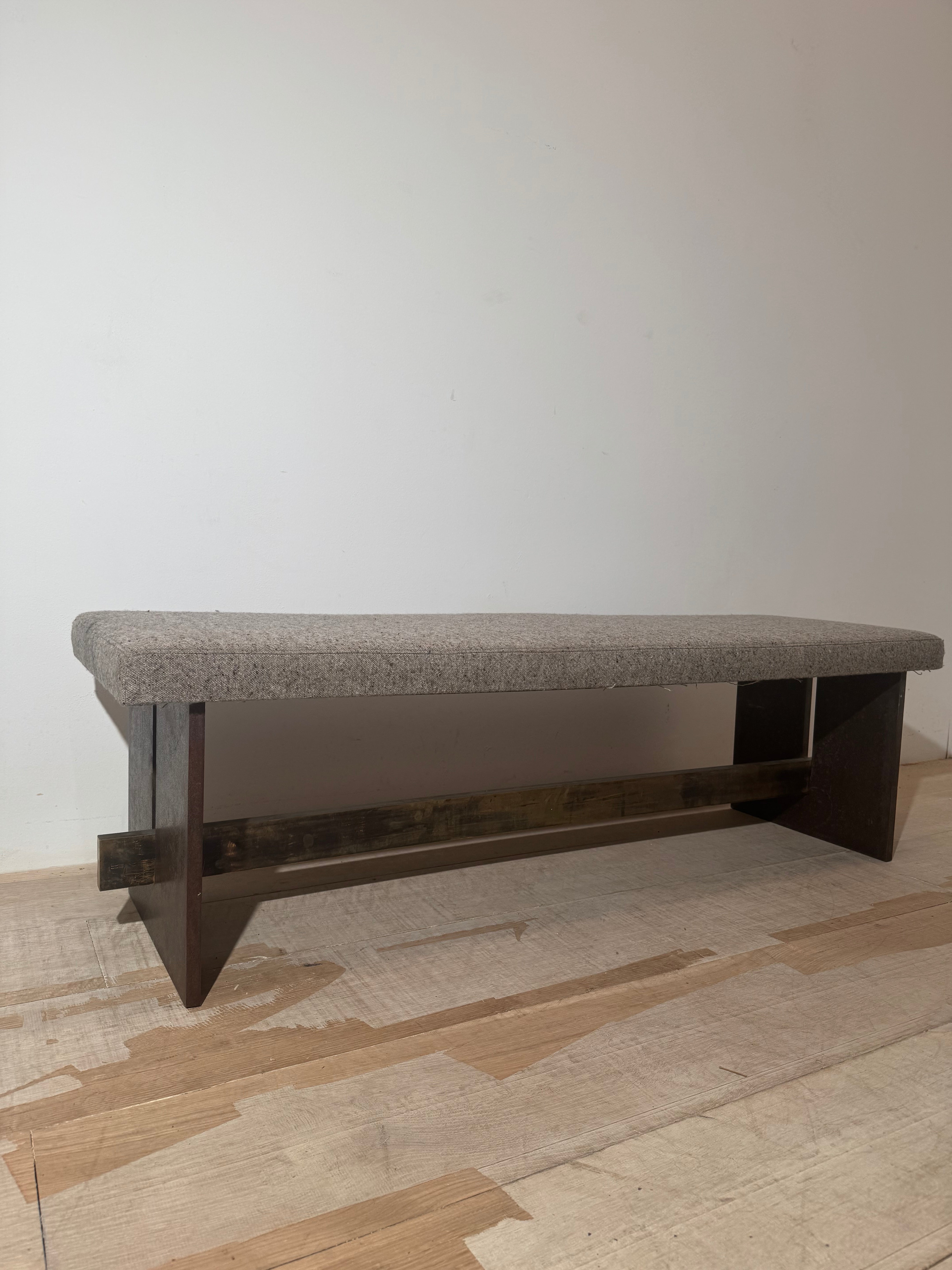 Massive One of Kind Steel, Bronze and Upholstered Bench