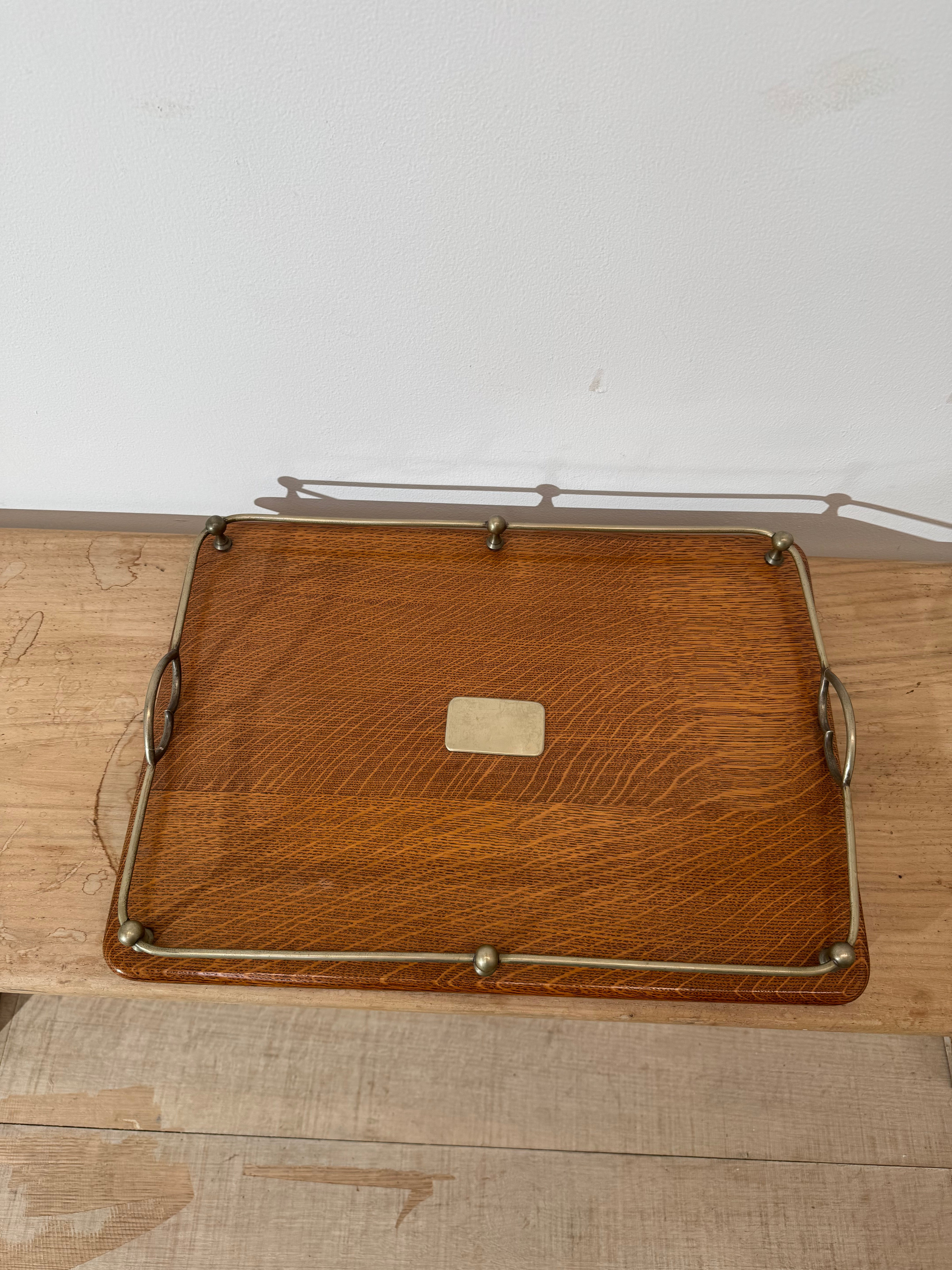 Antique English Quarter Sewn Oak and Silver Plate Serving Tray