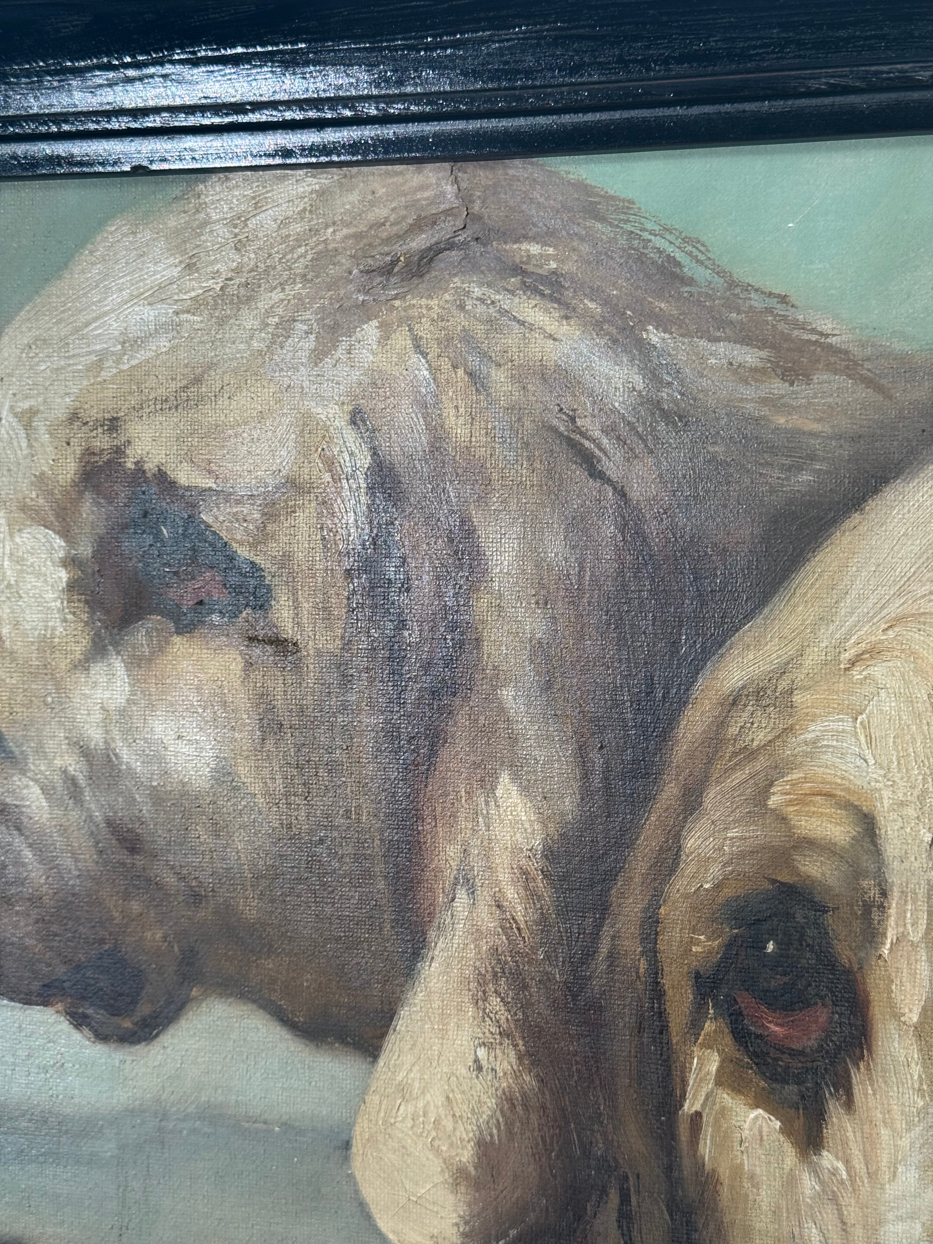 English Signed Oil Painting of Two Dogs