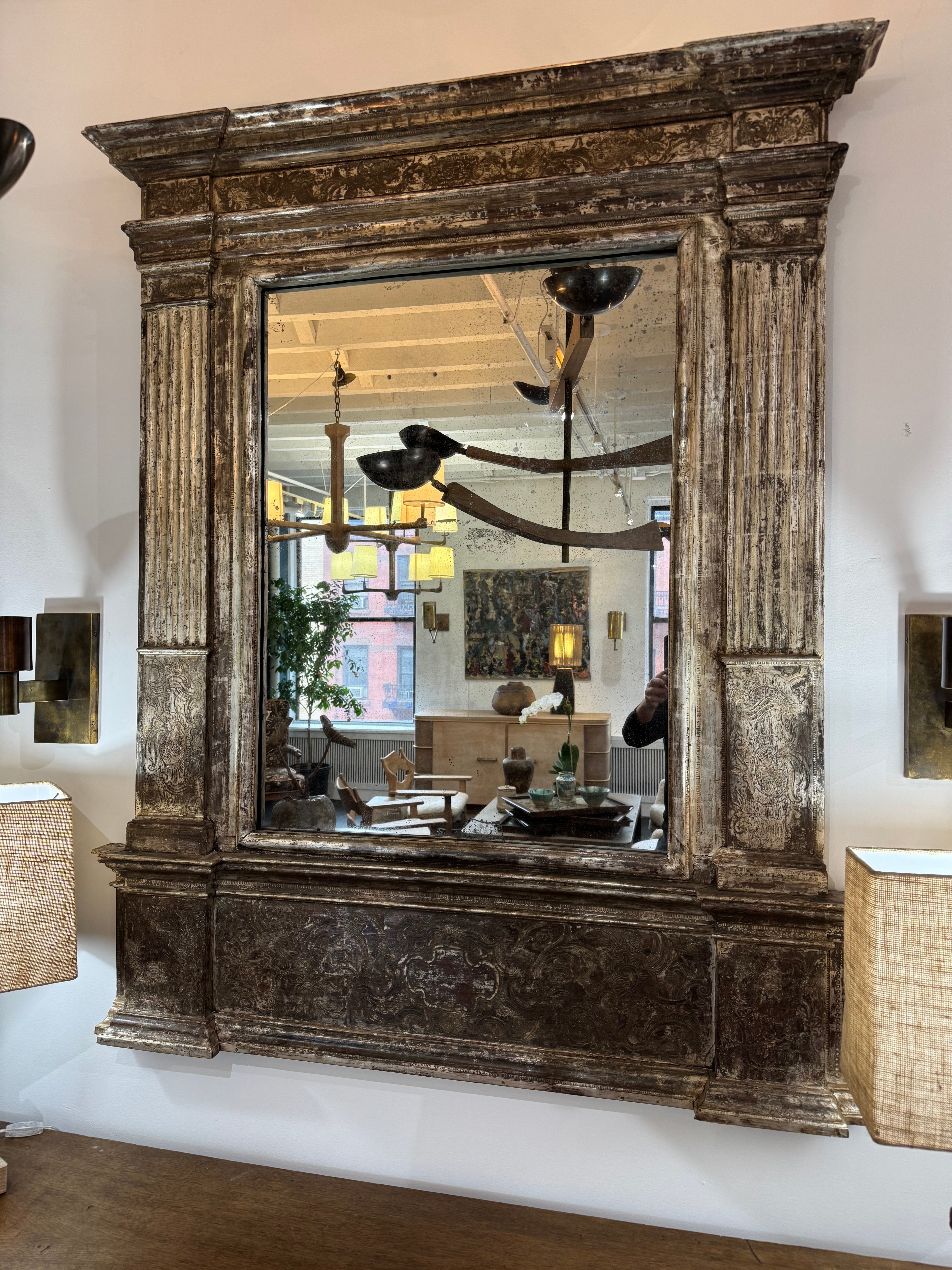 Large 19th Neoclassic Silver Leaf Wood Mirror