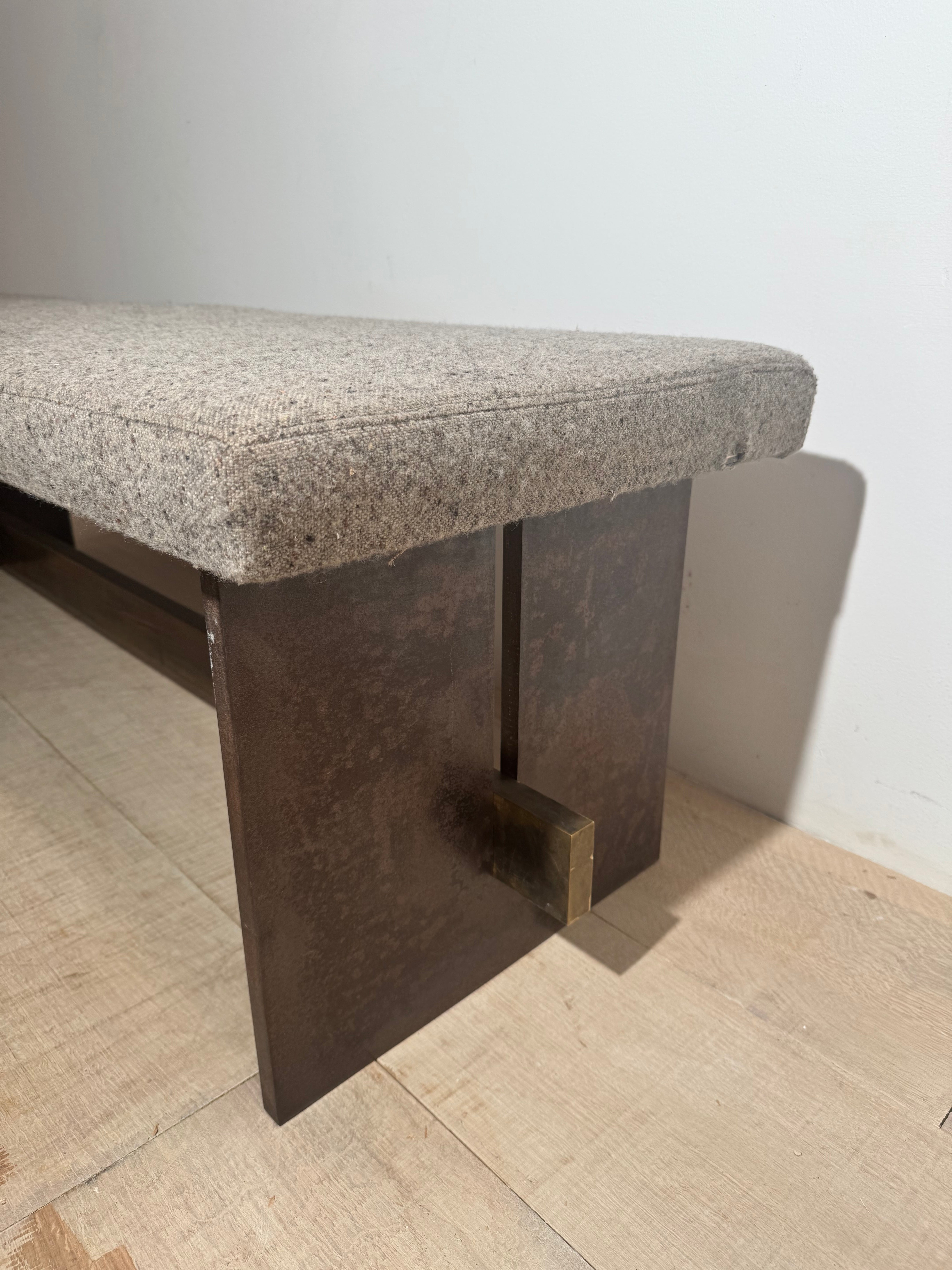 Massive One of Kind Steel, Bronze and Upholstered Bench