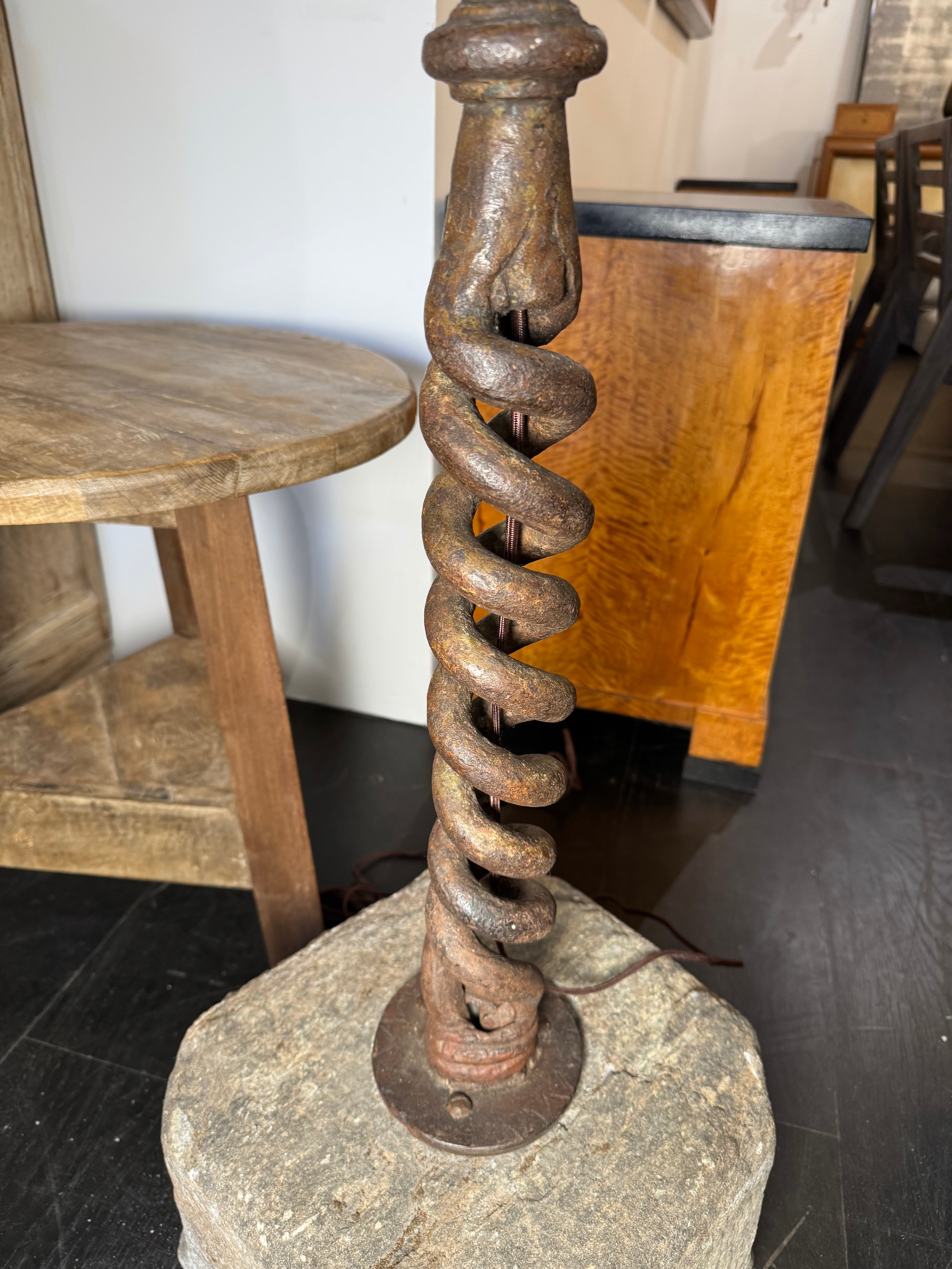 Massive 17c Wrought Iron & Stone Floor Lamp