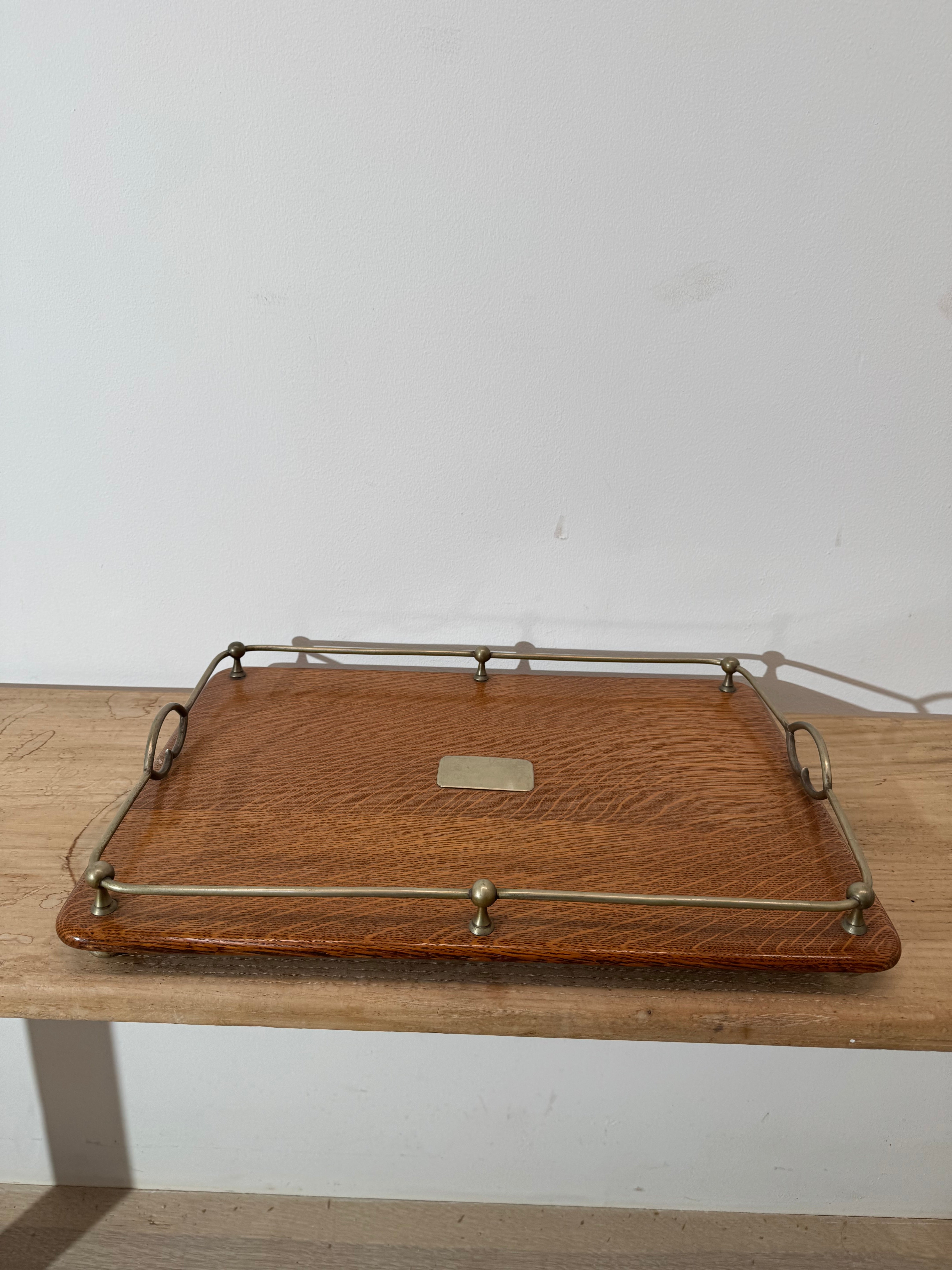 Antique English Quarter Sewn Oak and Silver Plate Serving Tray