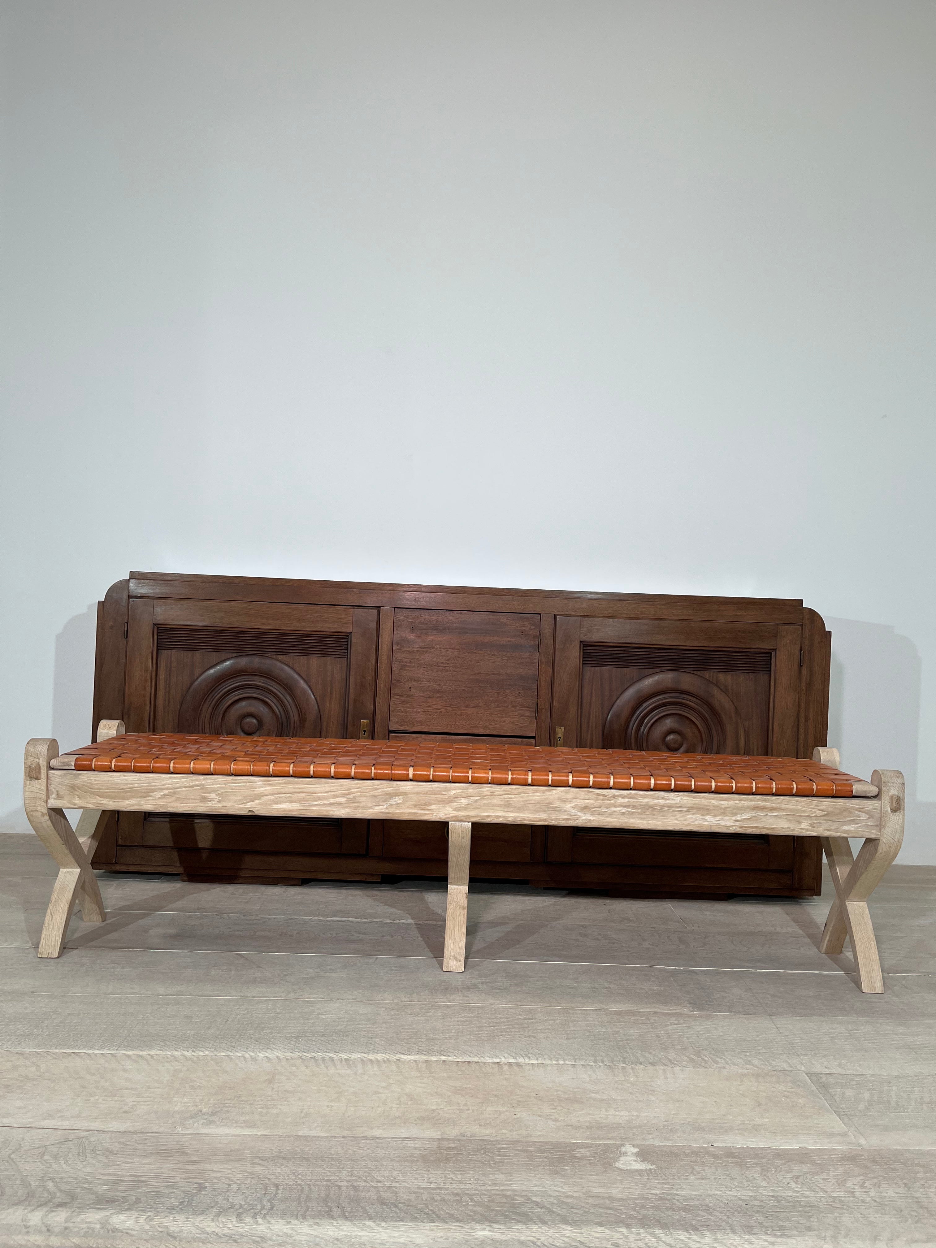 Limited Edition Oak and Saddle Leather Bench