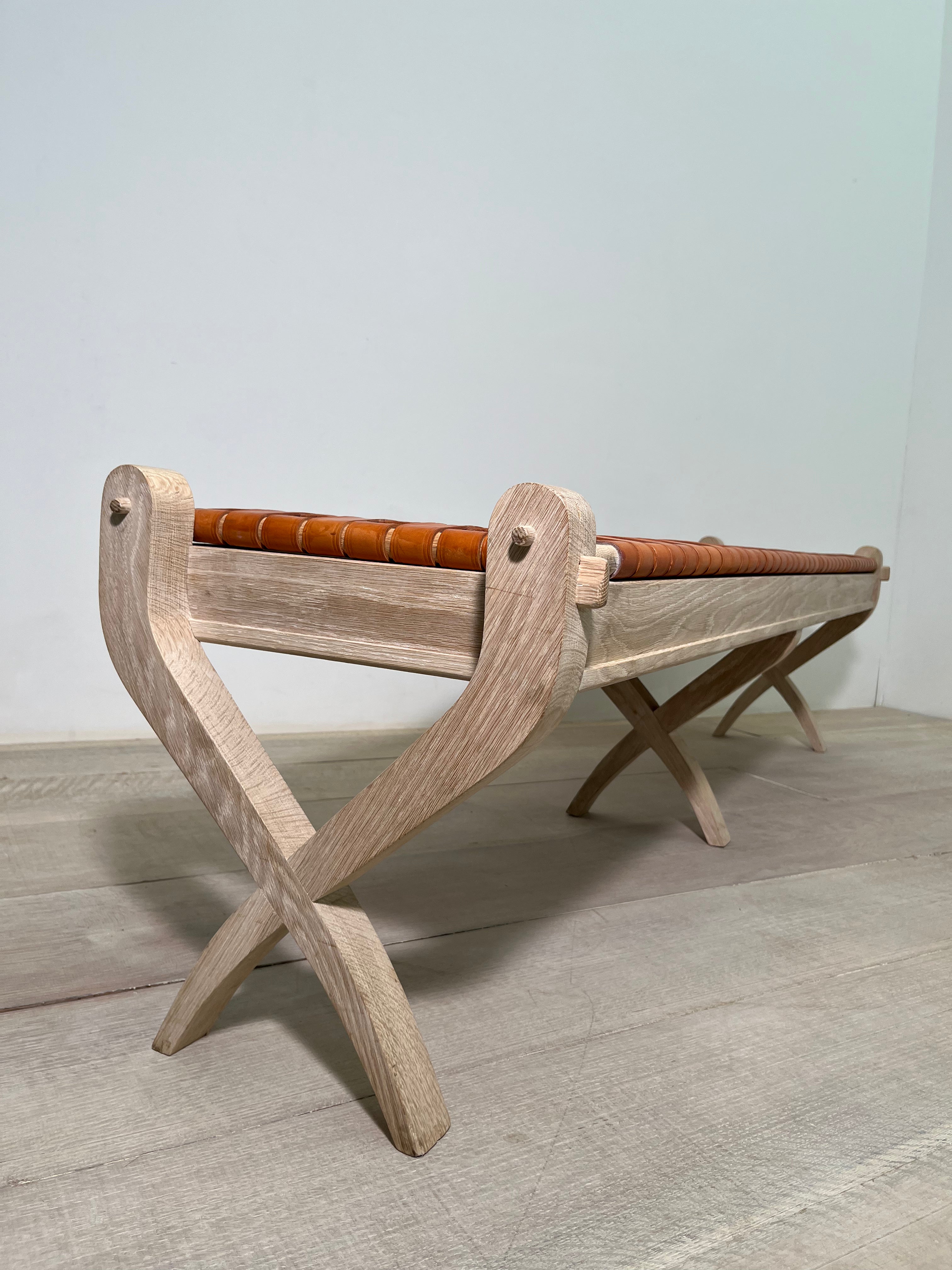 Limited Edition Oak and Saddle Leather Bench