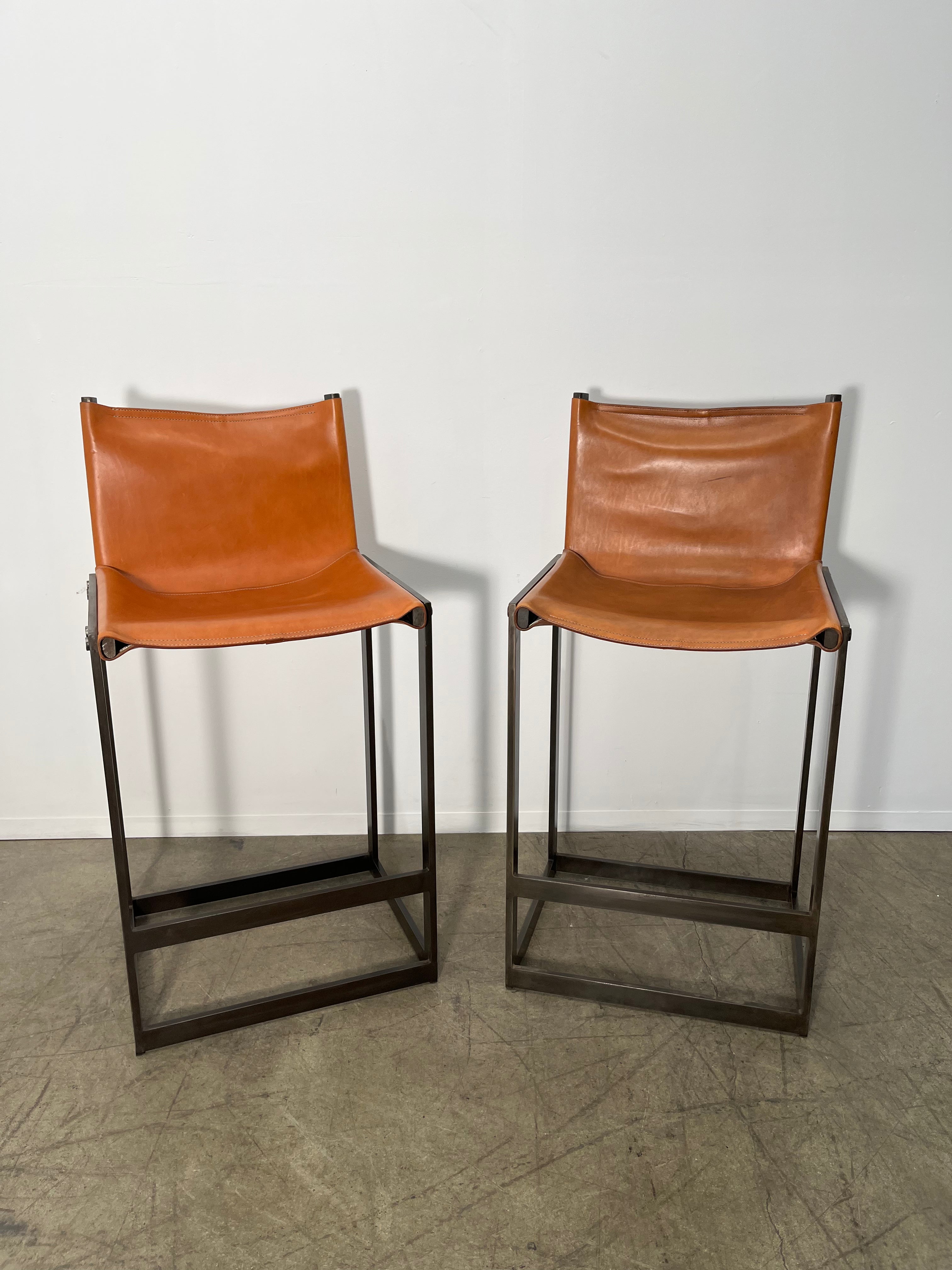 Pair of Limited Edition Saddle Leather Bar Stools